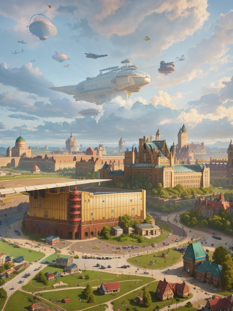 castle, (digital painting), (best quality), popular deviant art, ultra-realistic 8k, soft colors, soft lighting, golden hour, calm atmosphere, large building with a large roof in the center of the city, forest, steam, road, dragon, mecha, crane (machine), ocean, water, plane, multiple girls, dress, goggles on the head, airship