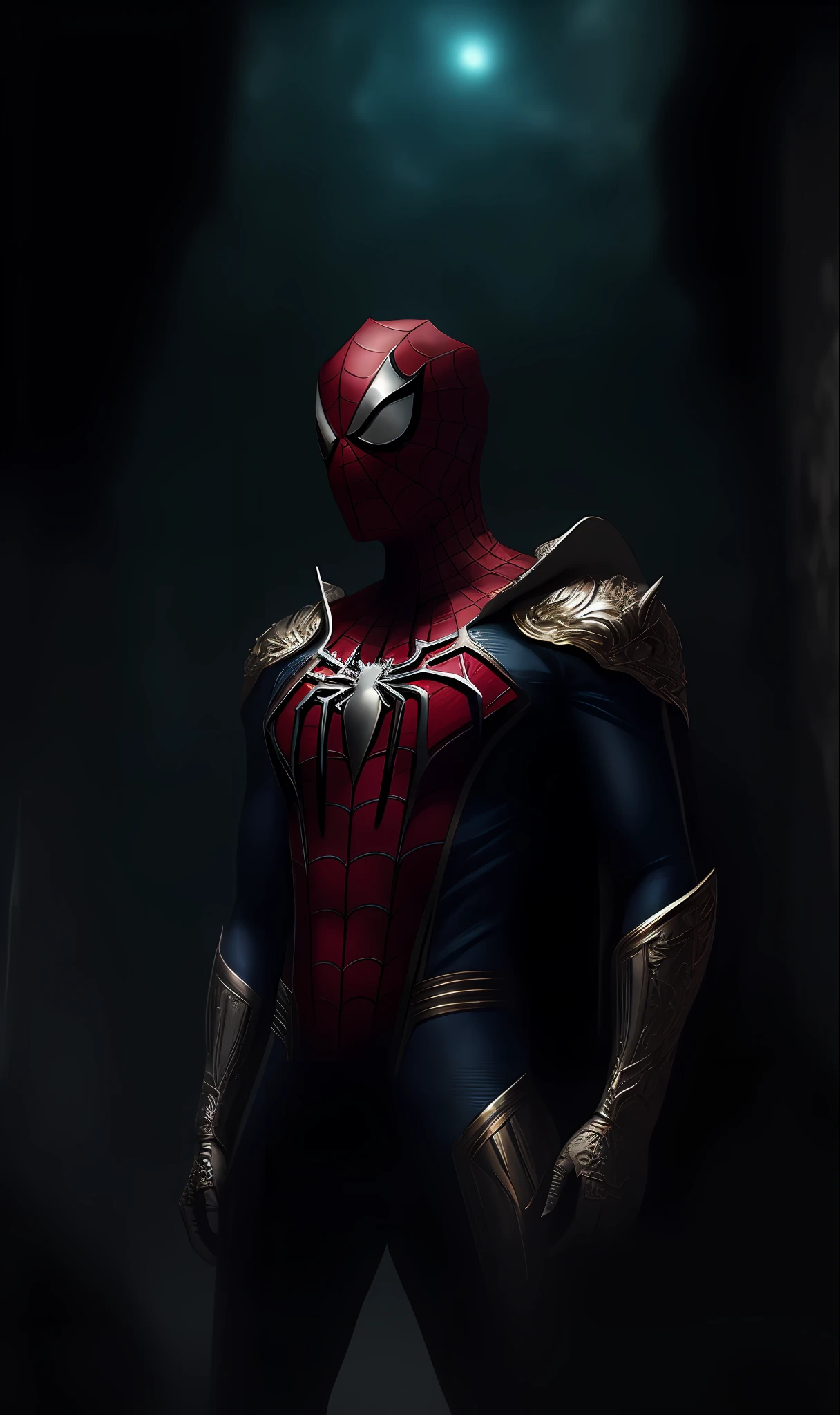 full body shot of spiderman in white and gold armour style suit, no mask on, white cape, looking at center camera, perfect composition, beautiful detailed intricate insanely detailed octane render trending on artstation, 8 k artistic photography, photorealistic concept art, soft natural volumetric cinematic perfect light, chiaroscuro, award - winning photograph, masterpiece, oil on canvas, raphael, caravaggio, greg rutkowski, beeple, beksinski, giger, trending on artstation, sharp focus, studio photo, intricate details, highly detailed, night city background, by greg rutkowski
