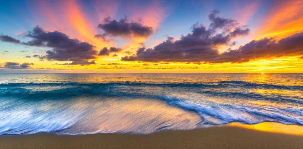 Absolutely mesmerizing sunset on the beach, The sky is shining with golden yellow, The water is crystal clear, Kiss the sea gently, The scene is very dynamic, Breathtaking, Immerse yourself in a calm atmosphere, The warm sun surrounds you, Ultra-Wide Angle, f/16, Sony FE GM, panorama, film grain, UHD, high quality, highres, 16k