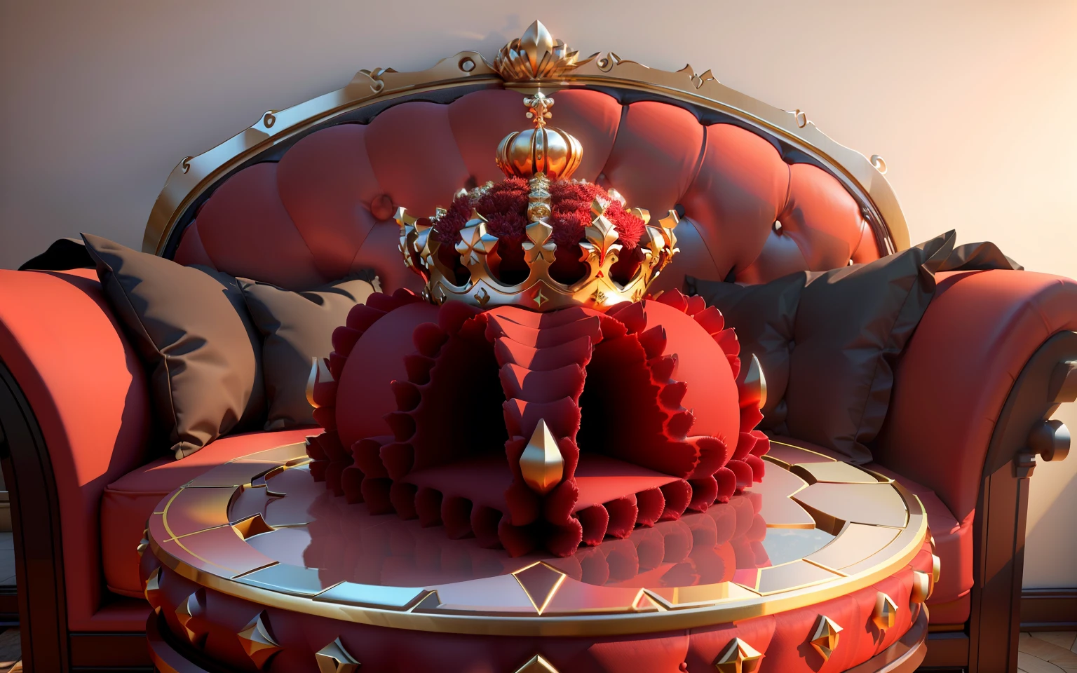 an anthill in the shape of a royal crown placed on a small red velvet cushion, 4K, 3D, realistic-imagine