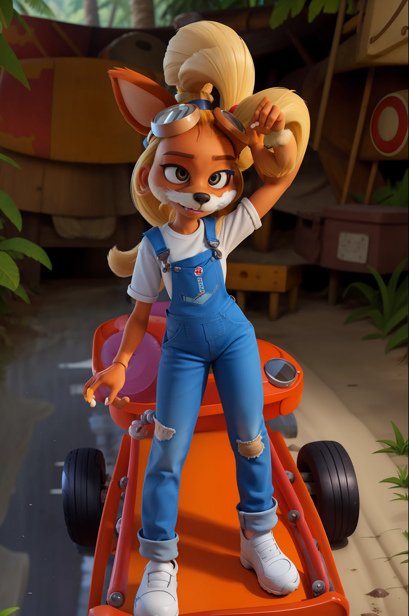 coco bandicoot, furry, masterpiece, white shirt, overalls, goggles on head, dirty, dirty skin, dirty clothes, working on go-kart, ponytail, detailed forest background, laying on back, looking at viewer