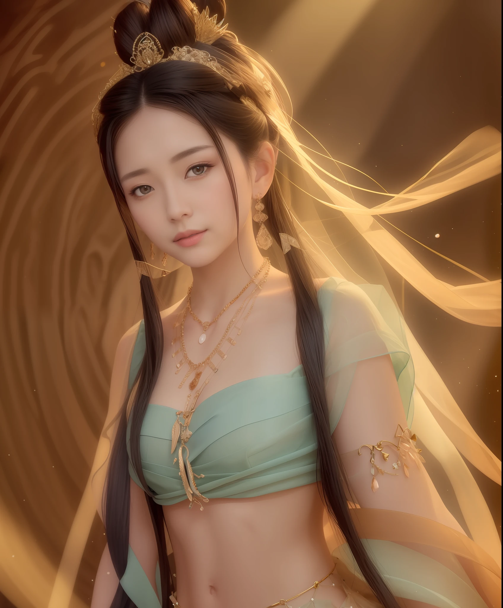 Best quality, masterpiece, high resolution, 1girl, porcelain dress, hair accessories, necklace, jewelry, beautiful face, on the body, Tyndall effect, realistic, dark studio, edge lighting, two-tone lighting, (high detail skin: 1.2), 8k UHD, dslr, soft light, high quality, volumetric light, candid, photo, high resolution, 4k, 8k, background blur,