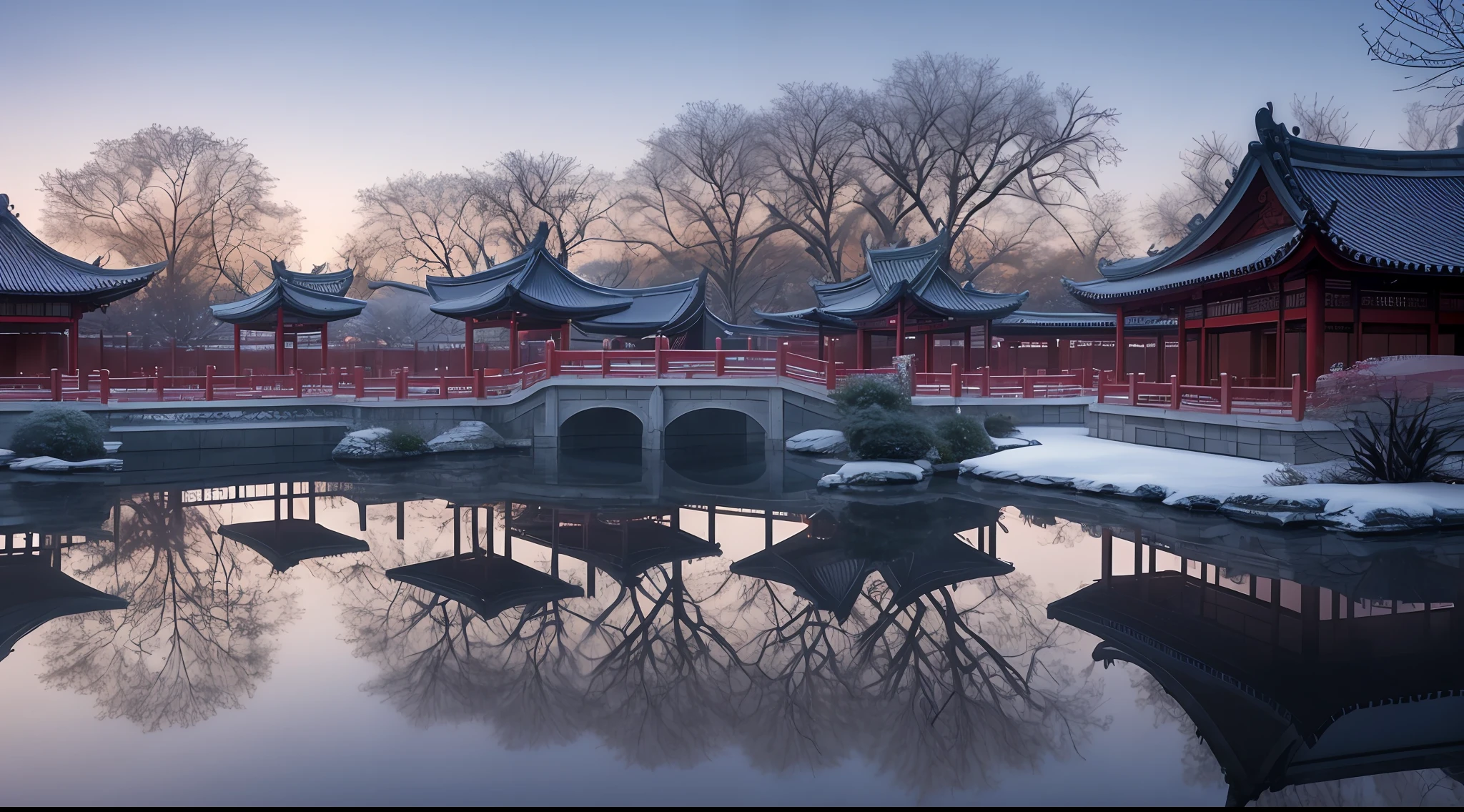 masterpiece, best quality, high quality, extremely detailed CG unity 8k wallpaper, A breathtaking photorealistic image of a classical Chinese garden in the midst of winter. The garden is adorned with delicate and ornate structures, including traditional pagodas, stone bridges, and intricately carved pavilions, all covered in a light dusting of snow. The surrounding landscape is serene, with frozen ponds reflecting the surrounding elements. The atmosphere is calm and peaceful, with a subtle mist lingering in the air, adding an ethereal touch. The image is captured with a high-resolution camera, allowing for intricate details to be visible, such as the intricate patterns on the buildings and the delicate frost on the flora. The lighting is soft and diffused, casting a gentle glow over the scene, while the colors are muted and serene, emphasizing the tranquility of the winter garden.