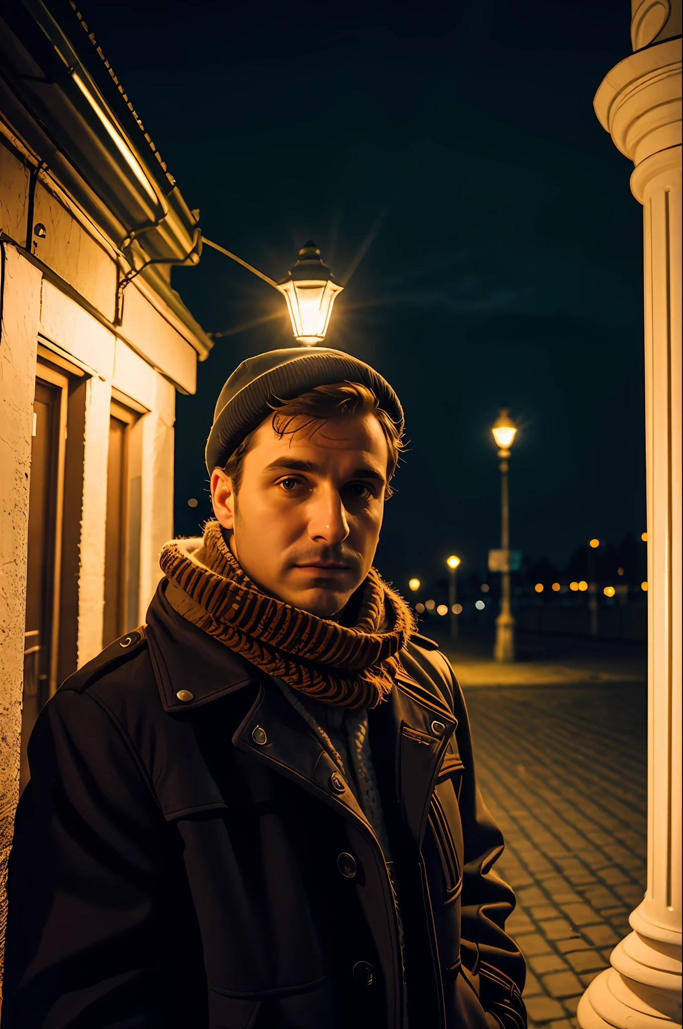 Selfie of a man in Russia, night time, dramatic, quiet, nostalgic, wearing a jacket, wearing a scarf, lamp posts