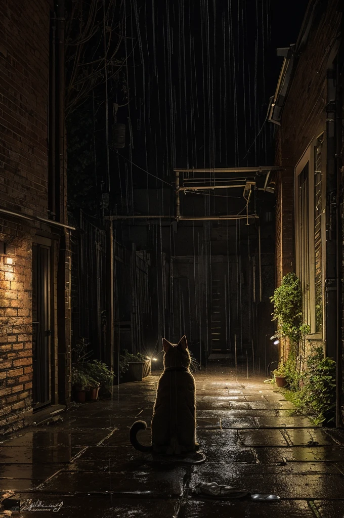 A backyard alley cat sitting in the rain, London style,Spiders and cobwebs are tangled, cinematic lighting soft lighting