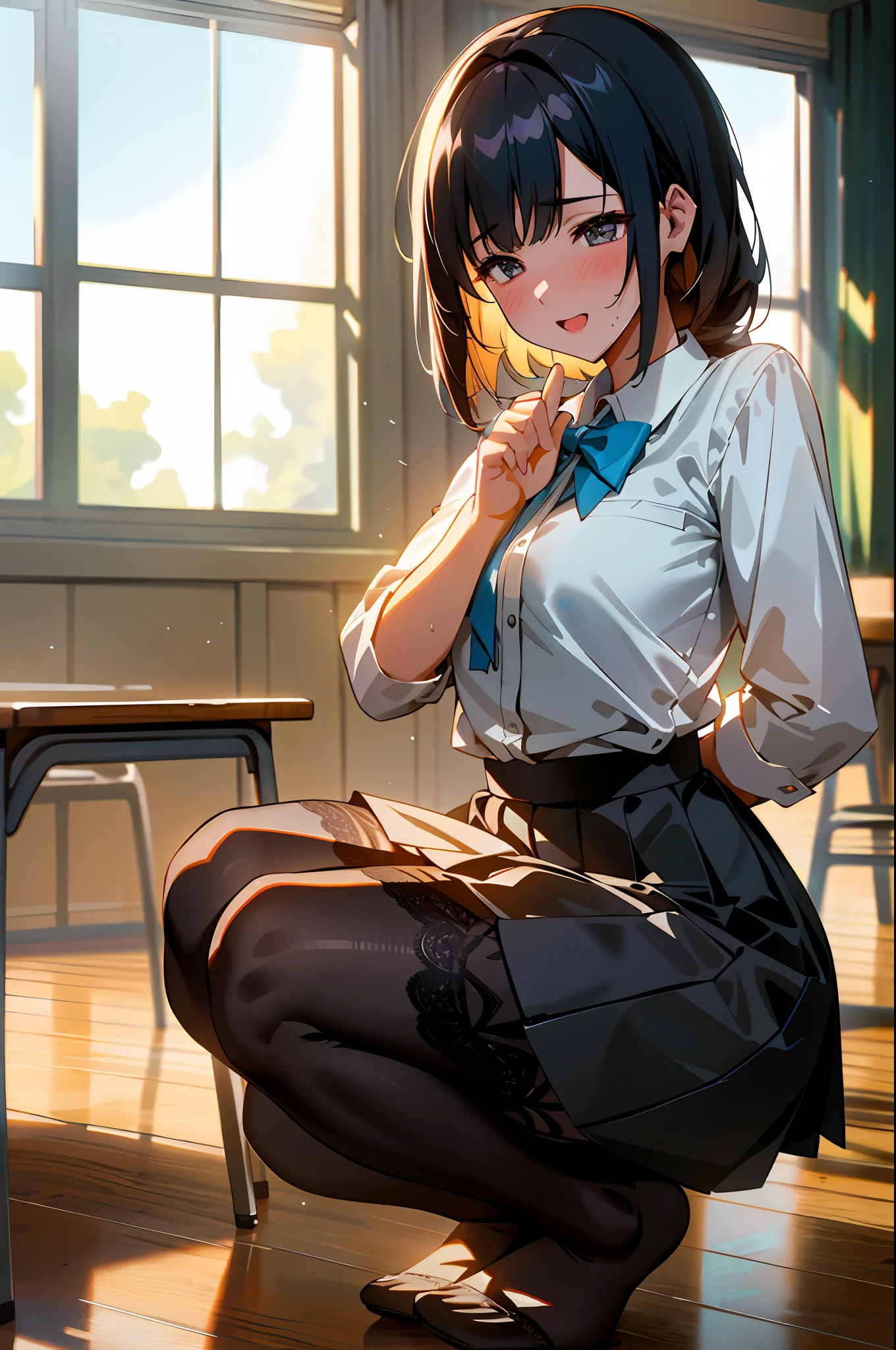 1girl, beautiful NobaraJK, lace skirt stockings, morning, inside the classroom, sweat, volumetric light, best quality, masterpiece, squat, intricate details, tone mapping, sharp focus, ultra detail, trends on Artstation, sexual expression invitation, skinny