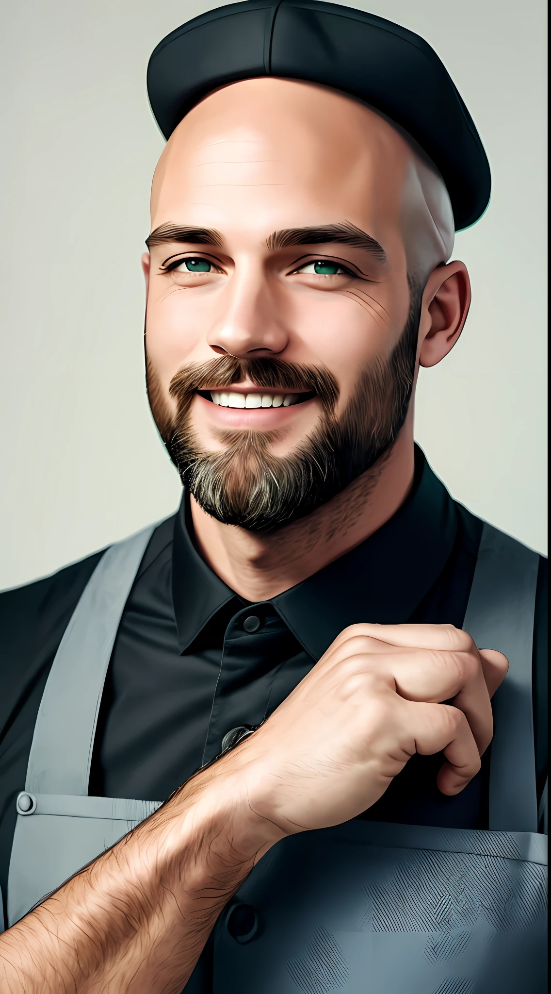 Best quality, realistic, award-winning illustration, (complicated detail: 1.2), (fine detail), (complicated detail), (cinematic lights, best quality), sharp lines, sharp focus, official art, 16k, on a white background, (A man with a smiling face: 1.3), a playful young boss, there is a man with a bald head and beard, (bald short-beard: 1.3), bald head and smiling look, no beard and mustache, about 35 years, (38 years), men of 45 years, without completely bald hair, (short goatee: 1.3), (face with fine details of wrinkles: 1.2), (details of the aged face: 1.2), (without beard: 1.3), (normal body without muscles: 1.3) (without muscles: 1.3), pronounced male characteristic, flirting with the camera. wearing black apron uniform with green, wearing cap, black cap and green details, wearing jeans, man posing for a photo, holding a huge can of creamy dulce de leche, dulce de leche pouring, splattering dulce de leche, explosion dulce de leche, all-white background, headshot profile picture, posing for a photo.