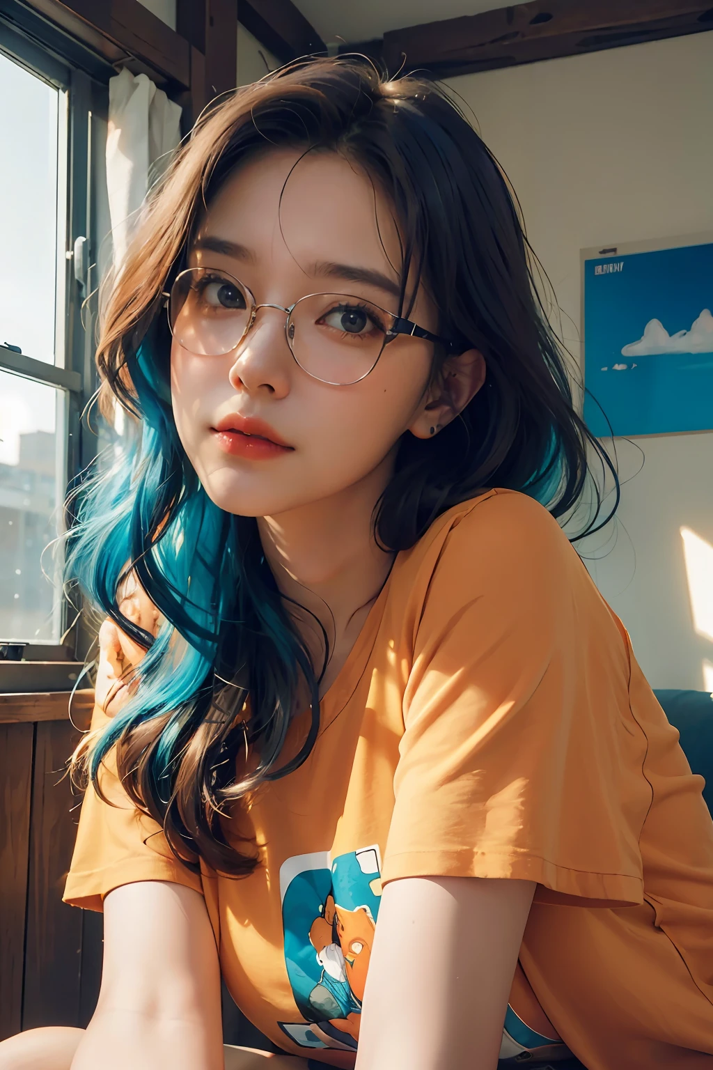 Portrait of a young woman working on her computer late at night, (warm interior lighting:1.2), (window in the background:1.1) (Concentration:1.3),(focused expression:1.4) (long wavy hair:1.2), (thick-framed glasses:1.1) (graphic t-shirt:1.1), (casual and comfortable:1.2) (realistic and detailed:1.5), (tones of orange and teal:1.3) digital illustration inspired by the works of Craig Mullins and Android Jones, trending on ArtStation and DeviantArt, 8000 x 8000 resolution, (vibrant colors:1.4), (cinematic composition:1.3) lifelike shading and textures, backlit with volumetric lighting. award-winning visuals, intimate mood, thoughtful and compelling. (artgerm:0.7), (wlop:0.3)