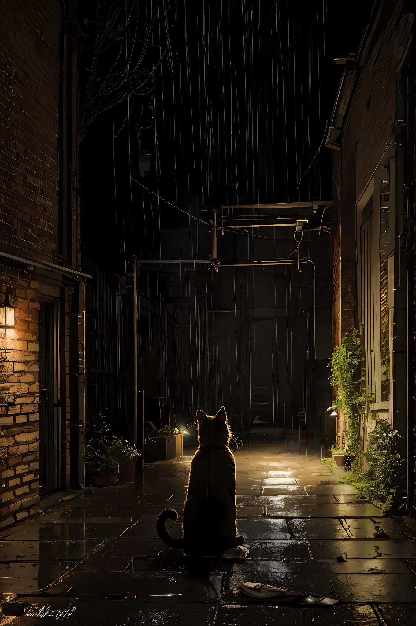 A backyard alley cat sitting in the rain, London style,Spiders and cobwebs are tangled, cinematic lighting soft lighting