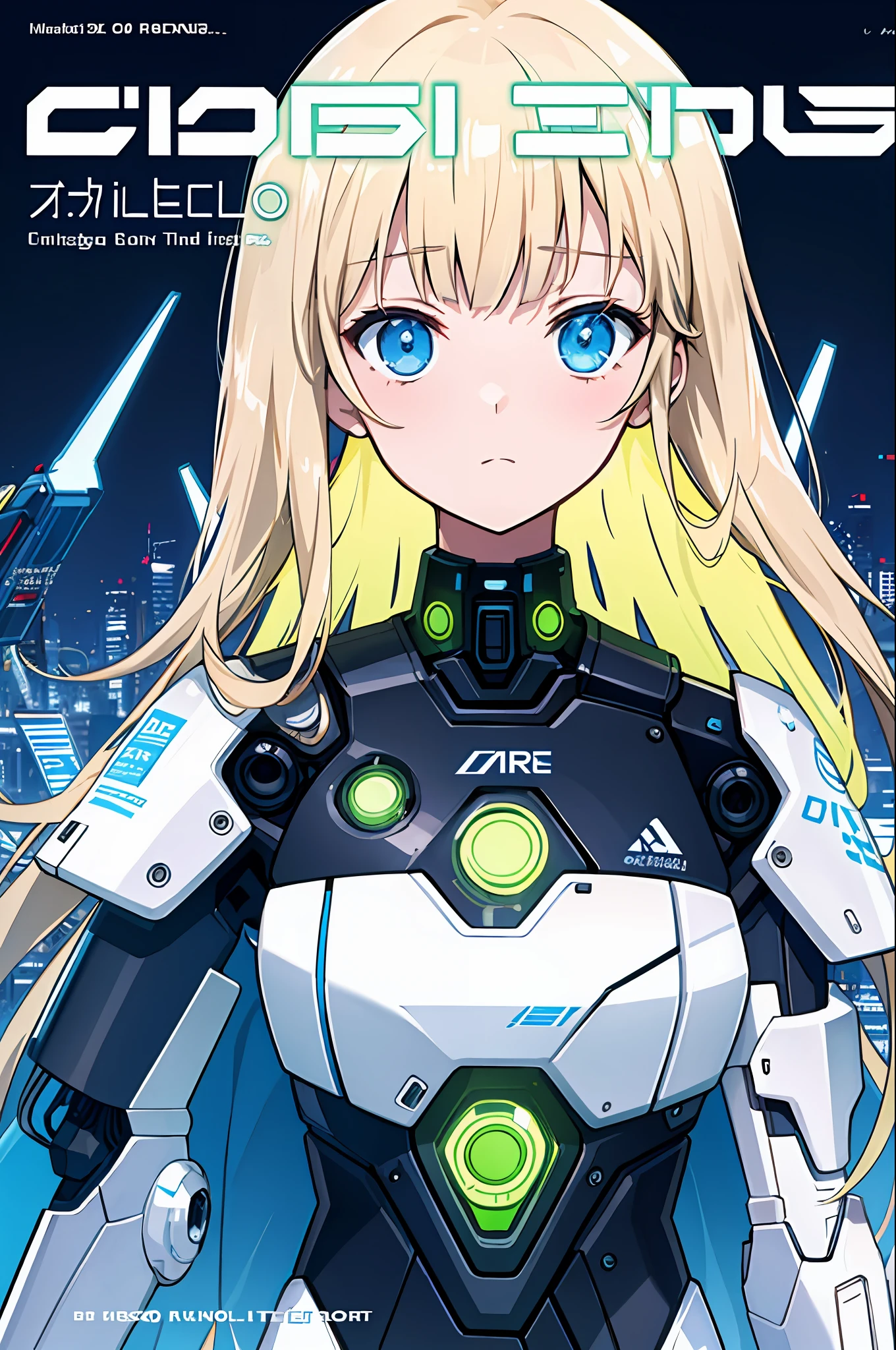 (masterpiece, best quality) detailed, 1girl, solo, cyborg girl, emotionless, neon lights, (cover page,magazine cover), clean text, sharp fonts, close-up shot