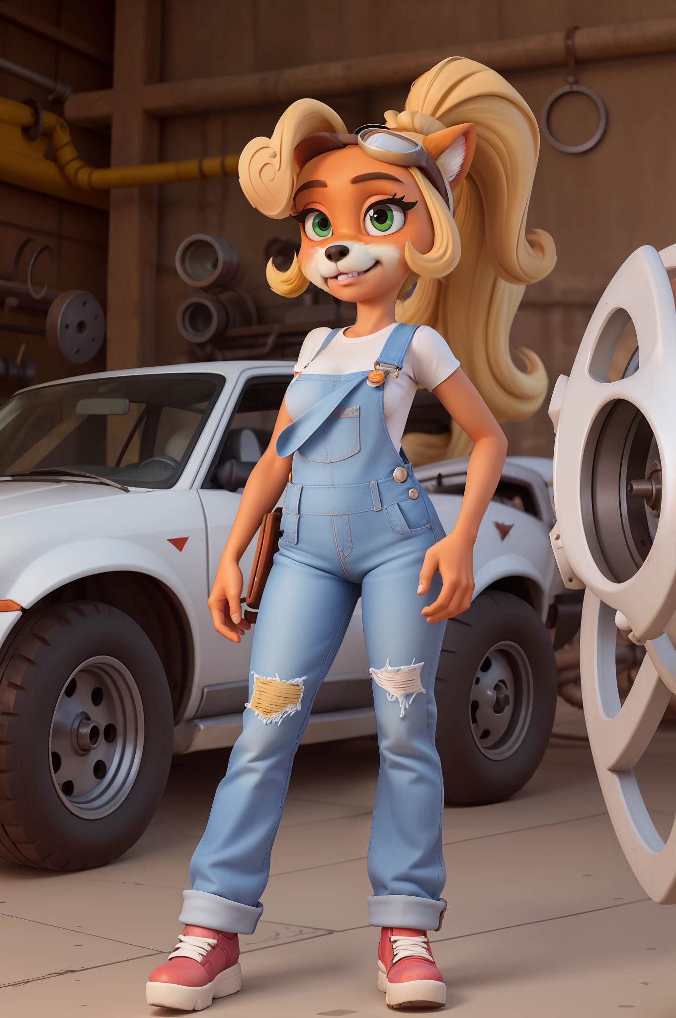 coco bandicoot, fursona, furry art, masterpiece, beautiful, white shirt, overalls, goggles on head, working in a mechanic shop, gears and machine parts in background, ponytail