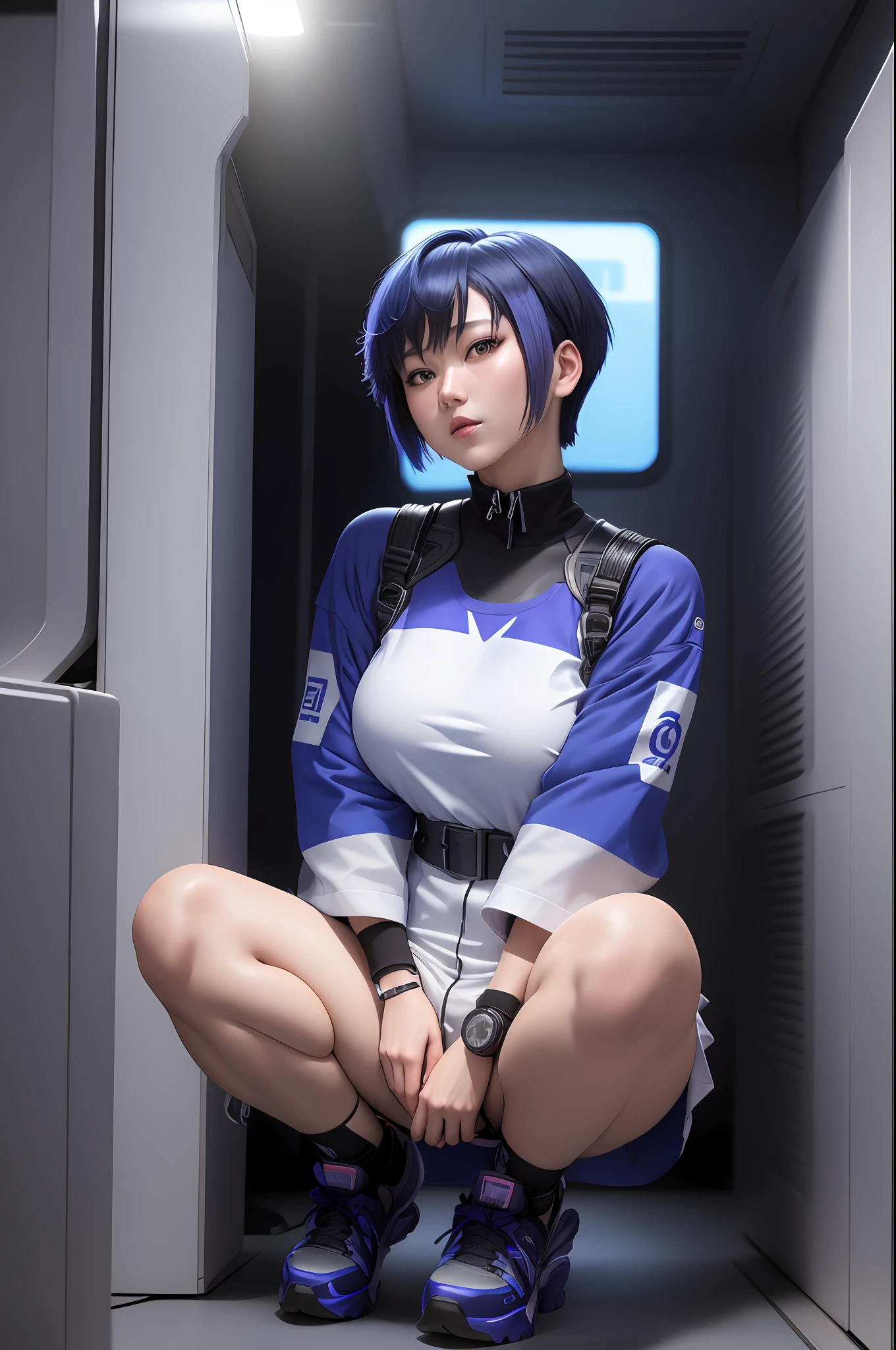 Motoko Kusanagi, 4k photo, high resolution, Intricate, High Detail, Sharp focus, blue short hair, inverted bob hair, sitting on a cube with a blue background, e - girl, e-girl, cynthwave, japanese streetwear, fashwave, photo of breeze kaze, mid shot portrait, jpop clothing, the anime girl is crouching