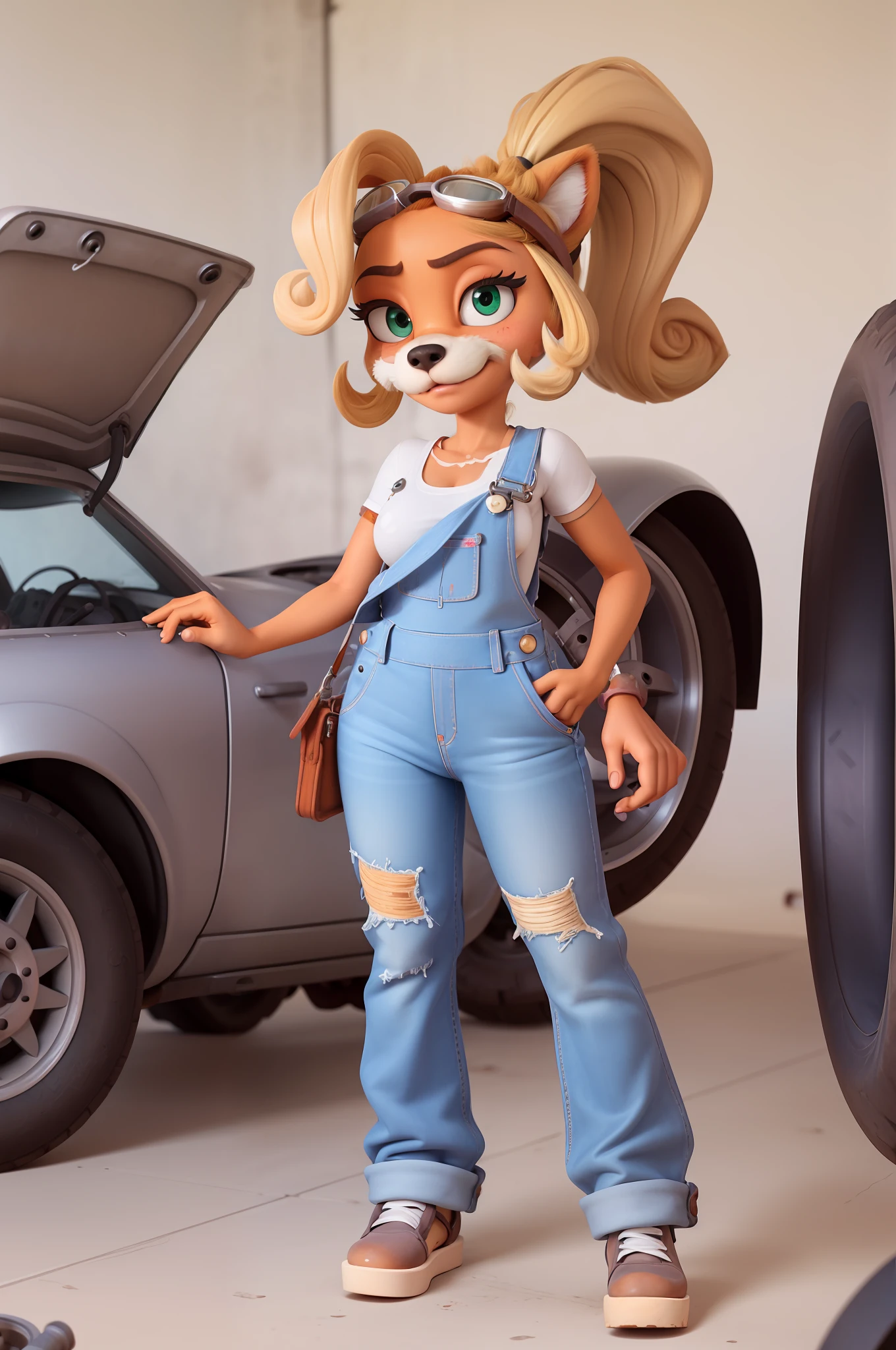 coco bandicoot, fursona, furry art, masterpiece, beautiful, white shirt, overalls, goggles on head, working in a mechanic shop, gears and machine parts in background, ponytail