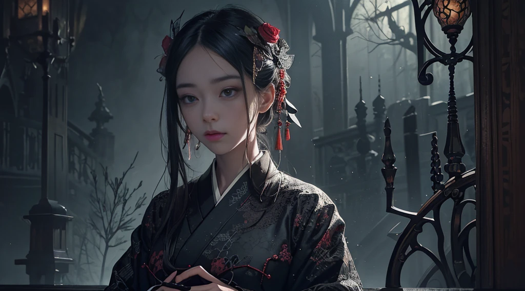 Official Art, Unity 8k wallpaper, super detailed, beautiful, beautiful, masterpiece, best quality,
dark, atmospheric, mystical, romantic, creepy, literature, art, fashion, showa era, decoration, intricacies, ironwork, lace, contemplation, emotional depth, supernatural, kimono
1 girl, solo, neck, bust composition