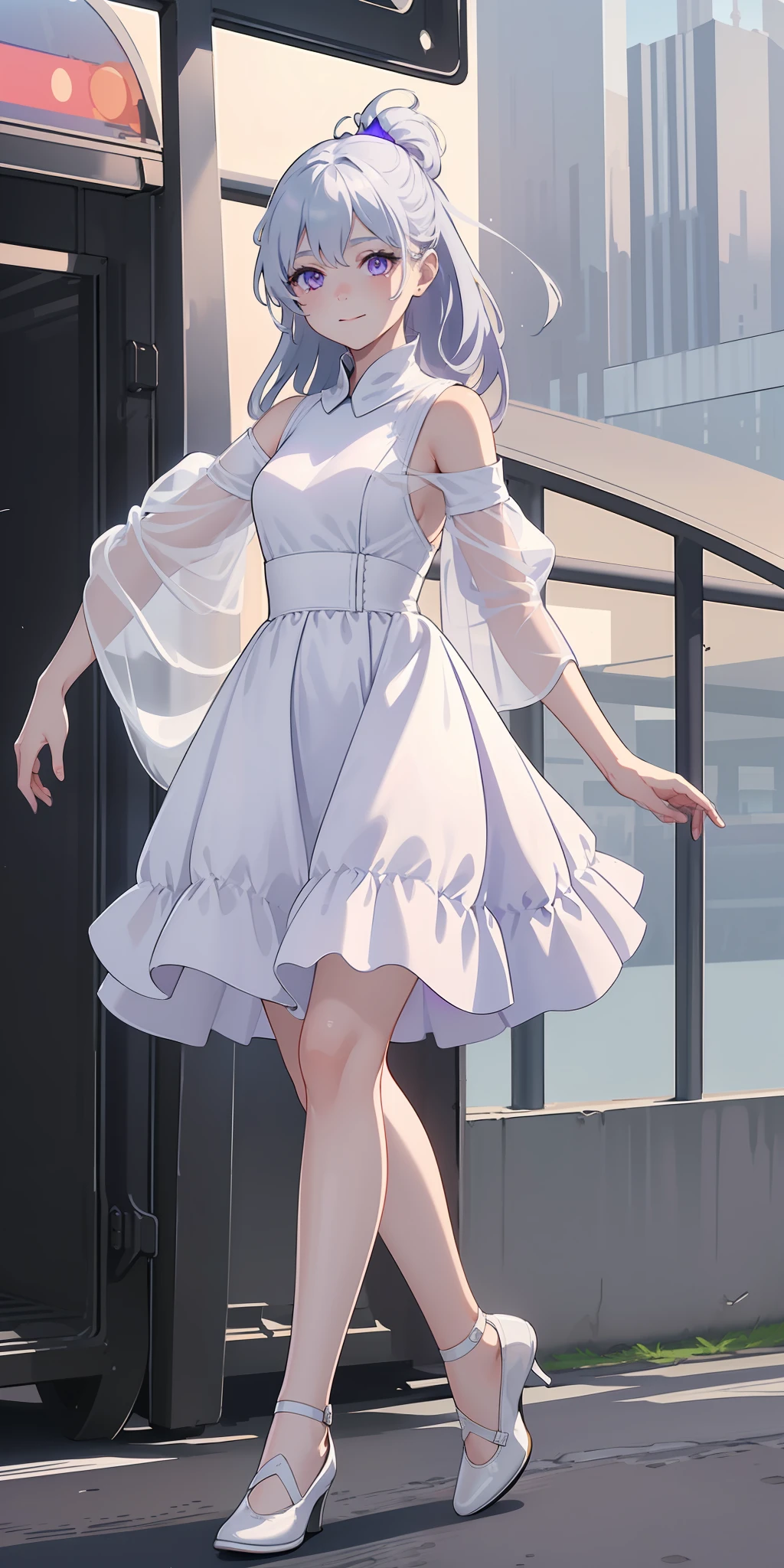 (Masterpiece: 1.2, Best Quality), (Fine Beautiful Eyes: 1.2), (Very Detailed CG Unity 8k Wallpaper, Masterpiece, Best Quality, Ultra Detailed, Best Shadows), (Detailed Background), (Beautiful Detail Face, Beautiful Detail Eyes), High Contrast, (Best Lighting, Extremely Delicate and Beautiful), 1girl, (Color Paint Splattered on Transparent Background,Dulux,)), ((Caustic)), Dynamic Angle, Beautiful Details Glow, Full Body, Denim Lens, Silver Hair, Purple eyes, white dress, white small leather shoes, purple decoration, city background, bus, (correct unraveling), light smile, elegant, correct number of fingers, no pedestrians,