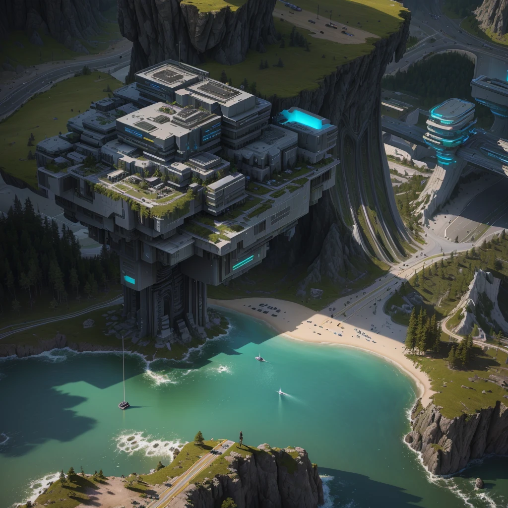 There is the foundation of a building with roads, car shuttles, developed overpasses, roads, highways, pine forests, forests, StarCraft 2, 3D rendering Beeple, Beeple rendering, concept art highly detailed, realistic painting of the complex, in the art style of Filip Hodas, rendered in Unreal 5, super detailed! , futuristic outpost architecture, highly realistic detail, highly detailed composition, Beeple |