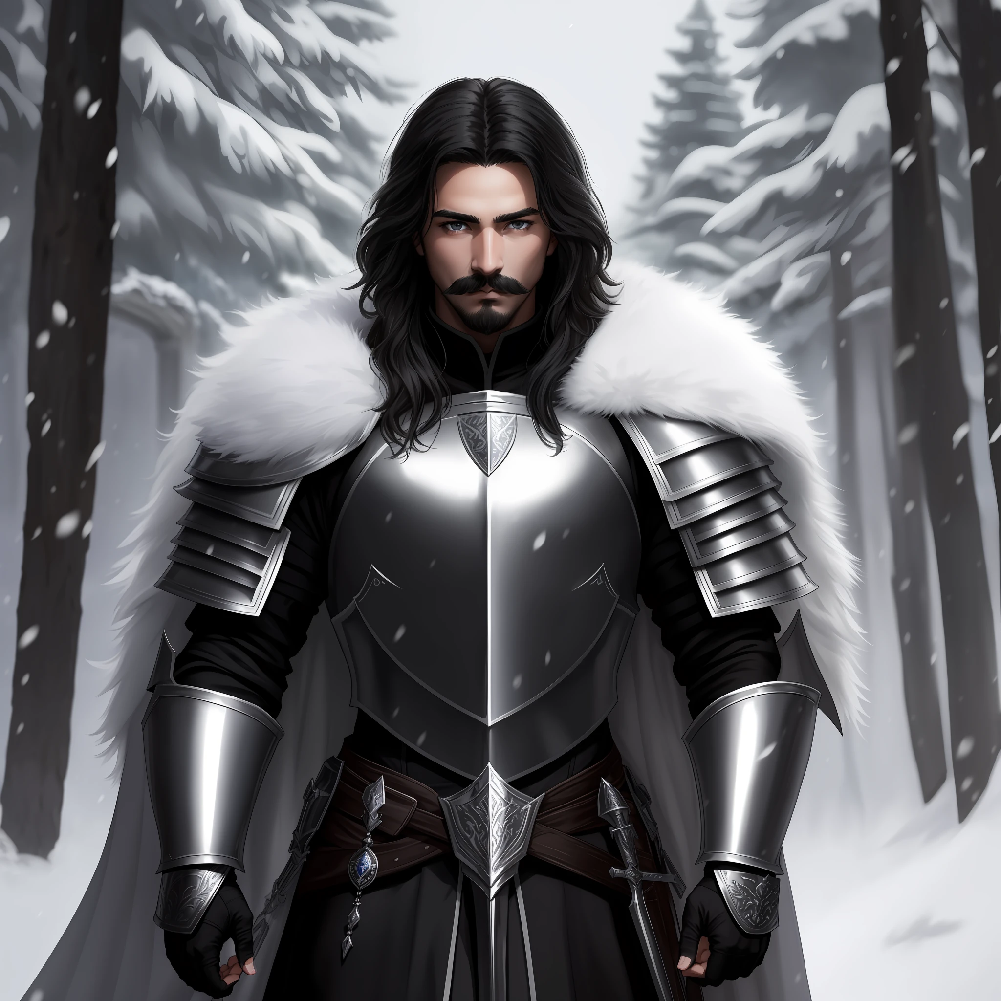 (Masterpiece: 1.2), (Best Quality: 1.2), Perfect Eyes, Perfect Face, Volume Light, Silver White Armor Male Knight, Black Fur Cloak on Shoulders, Slavic Face, Black Loose Hair, Handsome Youth, Mustache, Blizzard Background