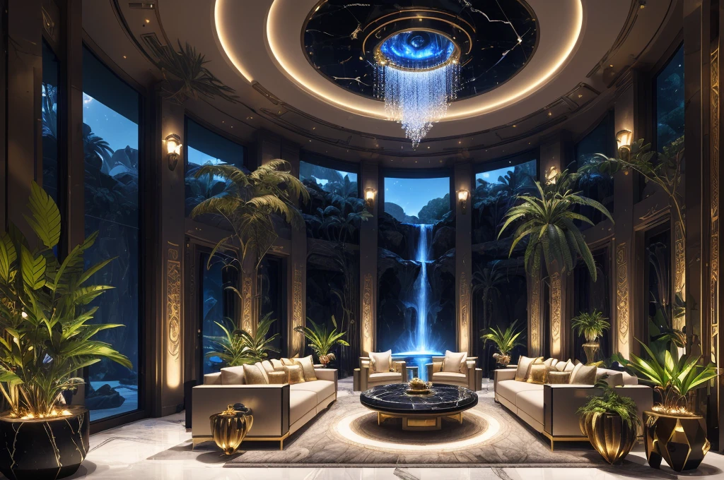 incredible luxurious futuristic living room interior in Ancient Egyptian style with many ((lush plants)) (lotus flowers), ((palm trees)), rocky walls, (sand), ((waterfalls)) (marble), ((precious minerals)), ((metals)), (gemstones), crystals, clouds and ((water)), ((luxury furniture)), (hieroglyphics), ((trees and plants made out of gemstones and precious minerals and lights)), crocodiles, (((ultra luxury))), (black marble) – with ((beautiful lights)), Unreal Engine, HQ, 16k