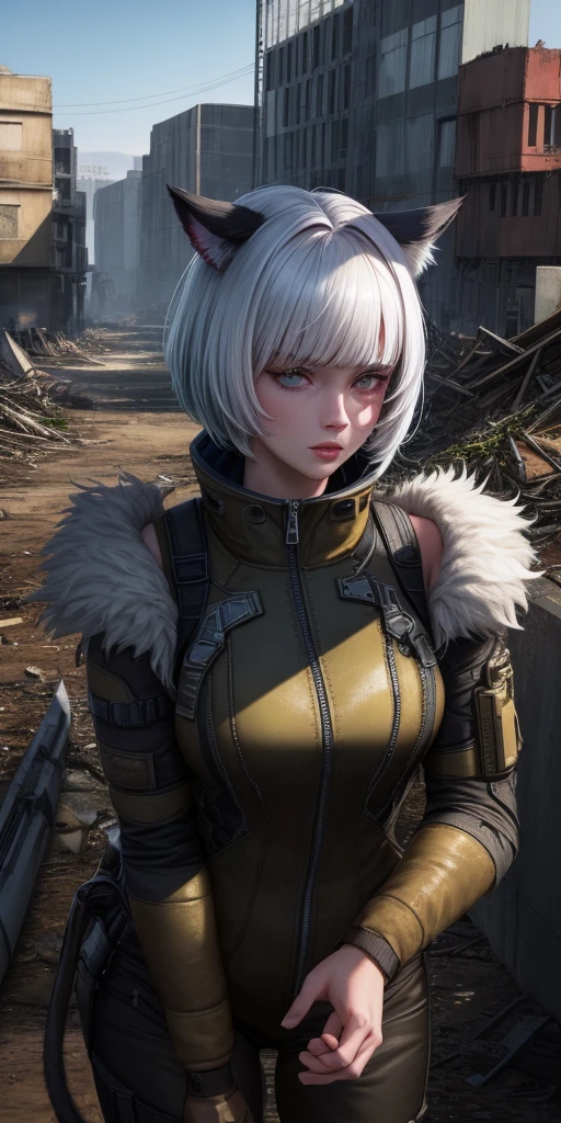 Masterpiece, highres, high quality, Detailed face, best quality,1girl, (miqote:1.1), cat ears, (pale skin:1.1), cat girl, (white hair), blue eyes, (field, outdoors:1.1), anthropomorphic, bangs, short hair, up close, suomi 80mm Sigma f/2.0,vivid light, dof, deph of field, face focus, wearing a fallout vault jumpsuit, standing in a ruin, post-apocalyptic, numbers 101 on jumpsuit, thick lips