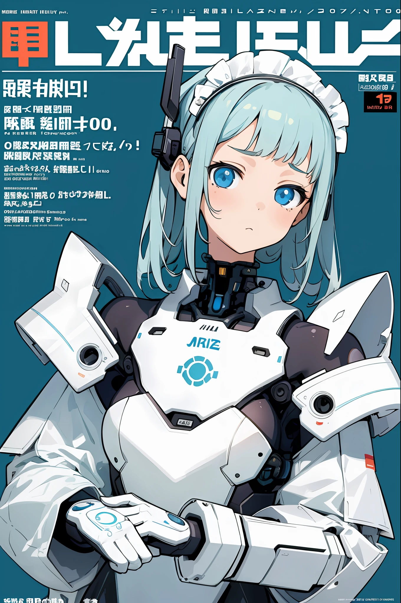 (masterpiece, best quality) detailed, 1girl, cyborg girl, emotionless, (magazine cover, text, clean font, sharp text), maid