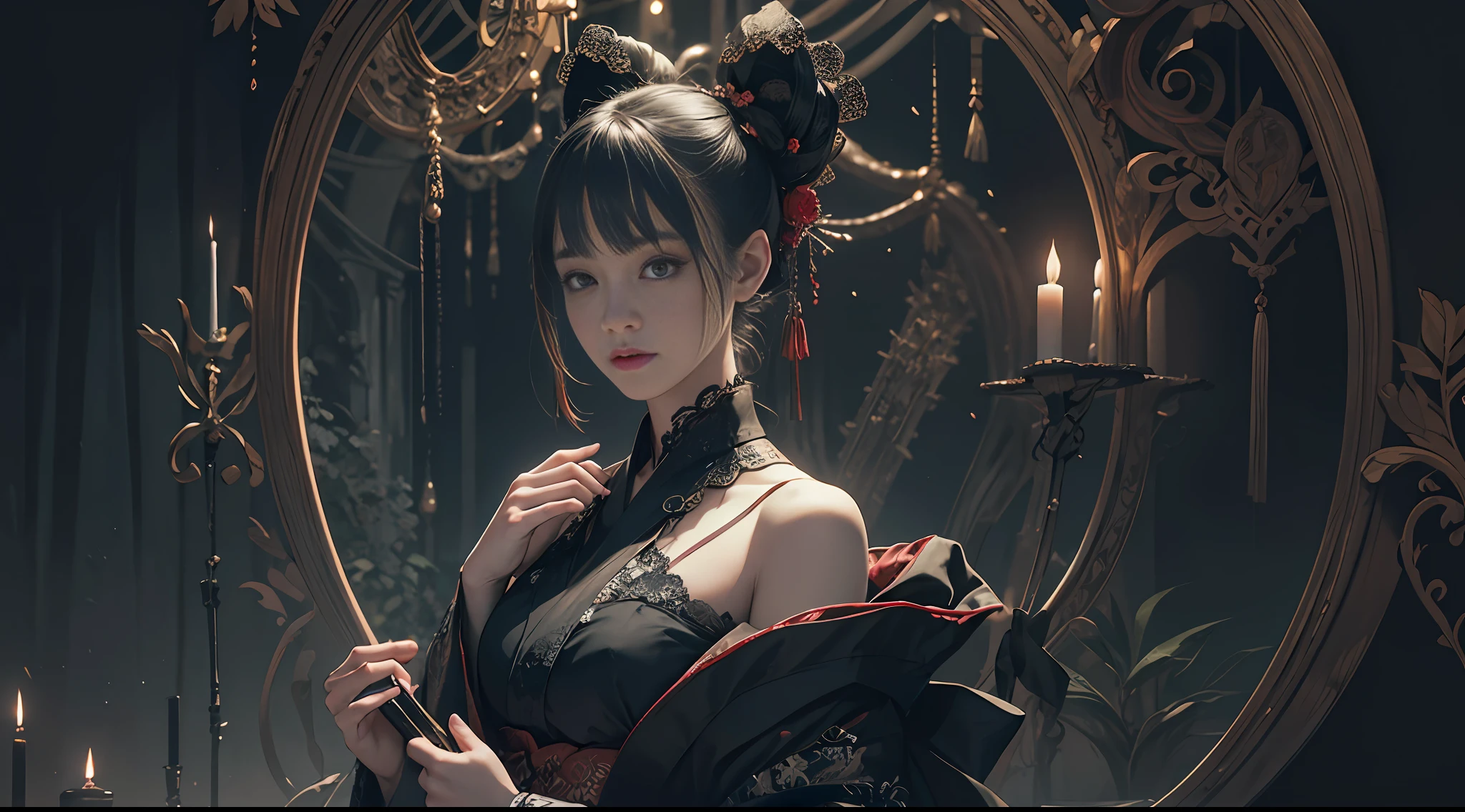 Official Art, Unity 8k wallpaper, super detailed, beautiful, beautiful, masterpiece, best quality,
dark, atmospheric, mystical, romantic, creepy, literature, art, fashion, showa era, decoration, intricacies, ironwork, lace, contemplation, emotional depth, supernatural, kimono
1 girl, solo, neck, bust composition