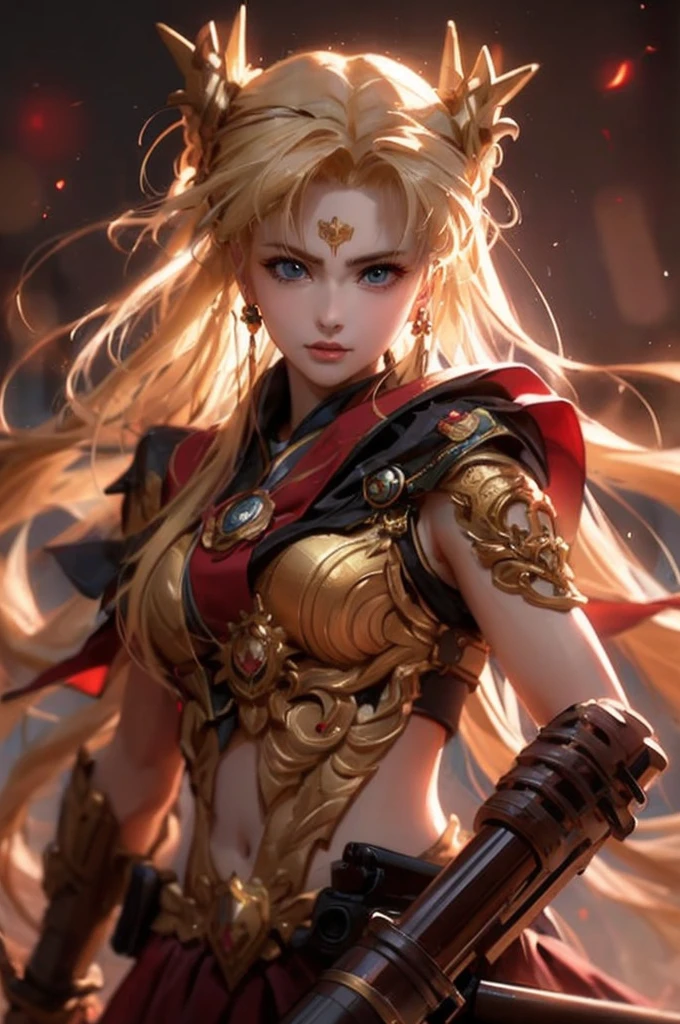 a woman with long blonde hair and armor holding a gun, by Yang J, portrait knights of zodiac girl, ig model | artgerm, extremely detailed artgerm, trending in cgsociety, trending cgsociety, [ trending on cgsociety ]!!, stunning cgsociety, cgsociety and fenghua zhong, artgerm and wlop