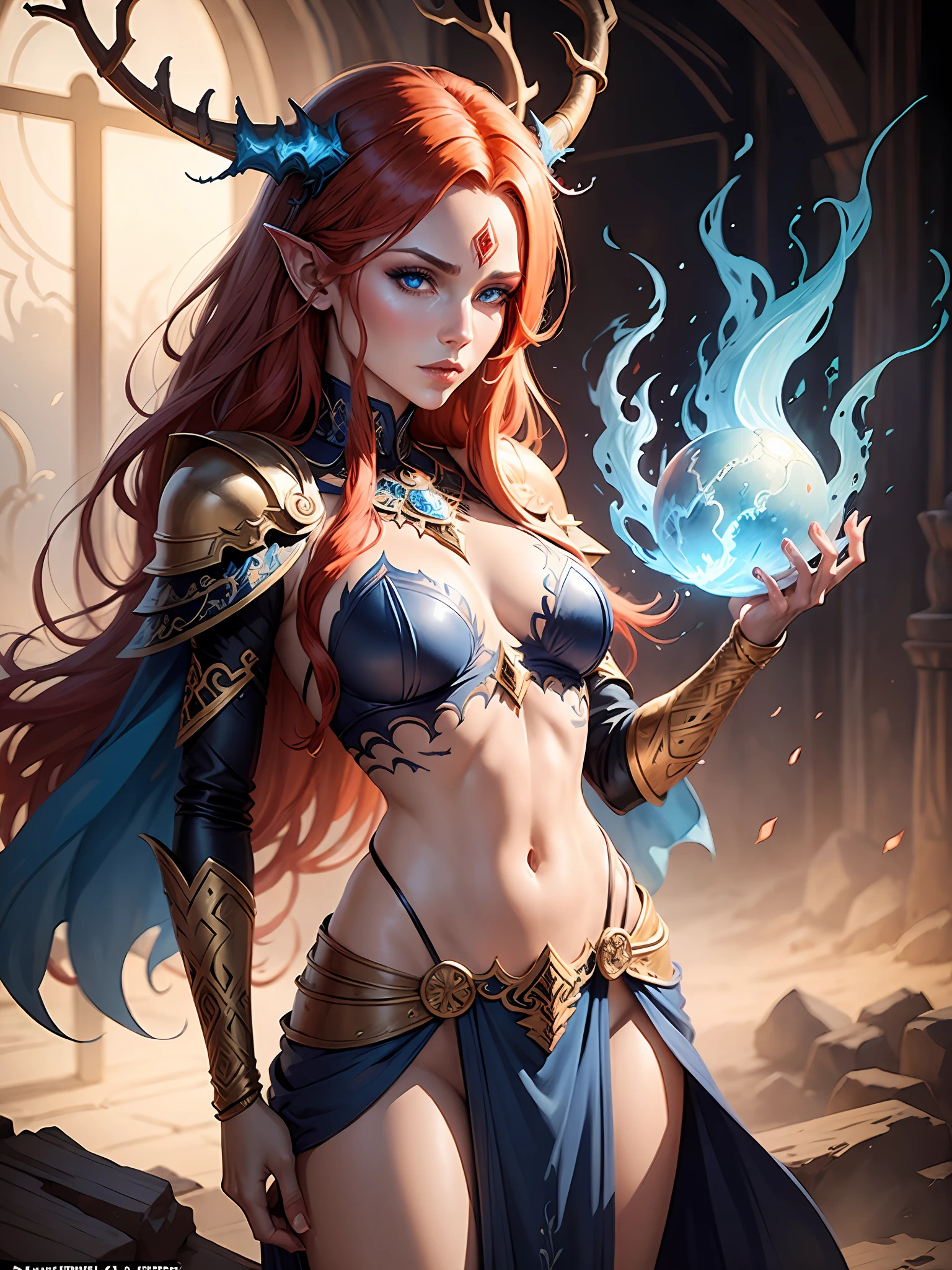 hand drawn sketch illustration of a beautiful dnd ifreet djinn girl with flaming red hair, blue eyes, symmetrical antlers, blue skin, leather armor, illustration, watercolor ink sketch, (best quality)), intricate detailed,