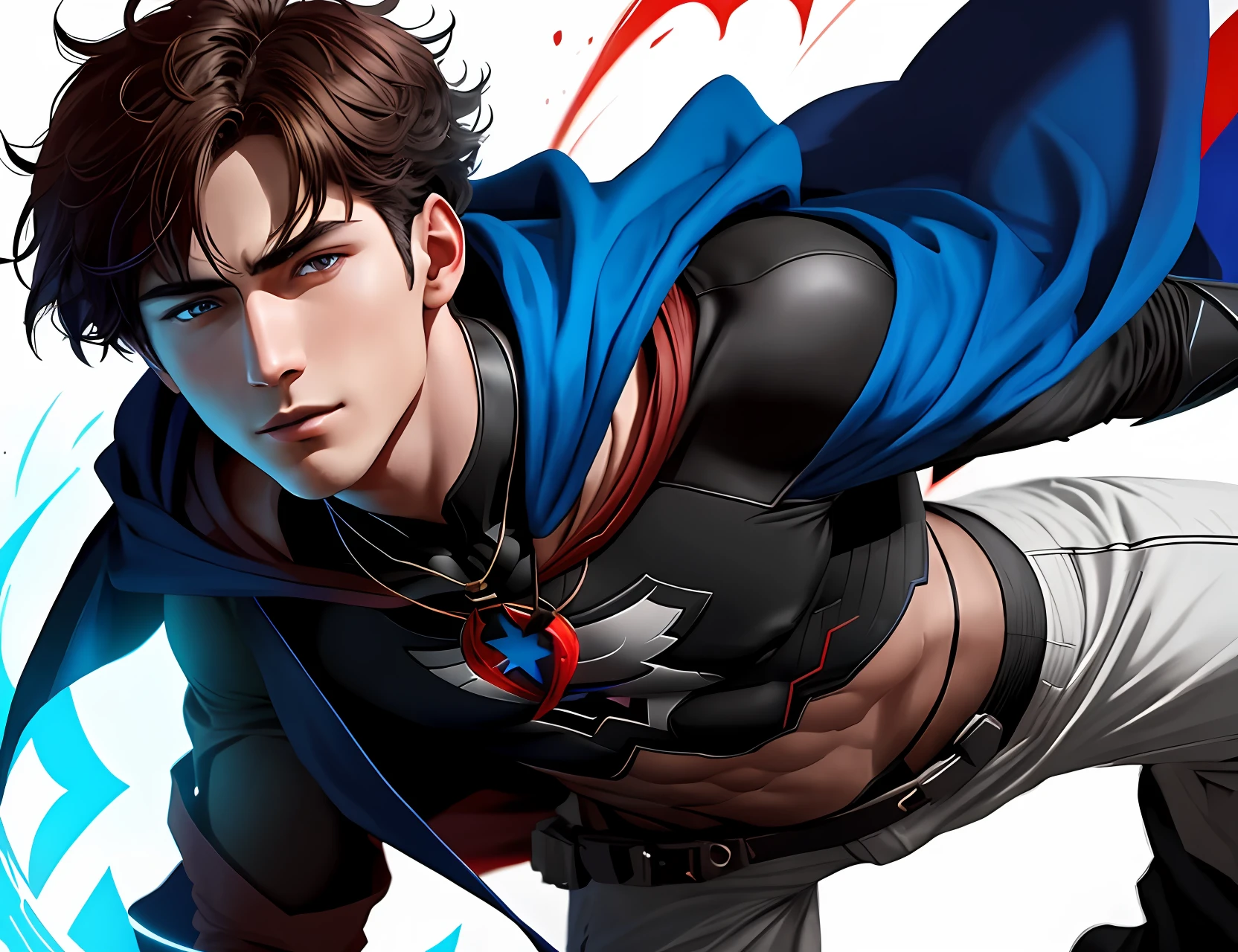 1boy, super powers, brunette, 4K, man, colors blue, red, black or white, many details, bright colors, inspiration (arcane), art