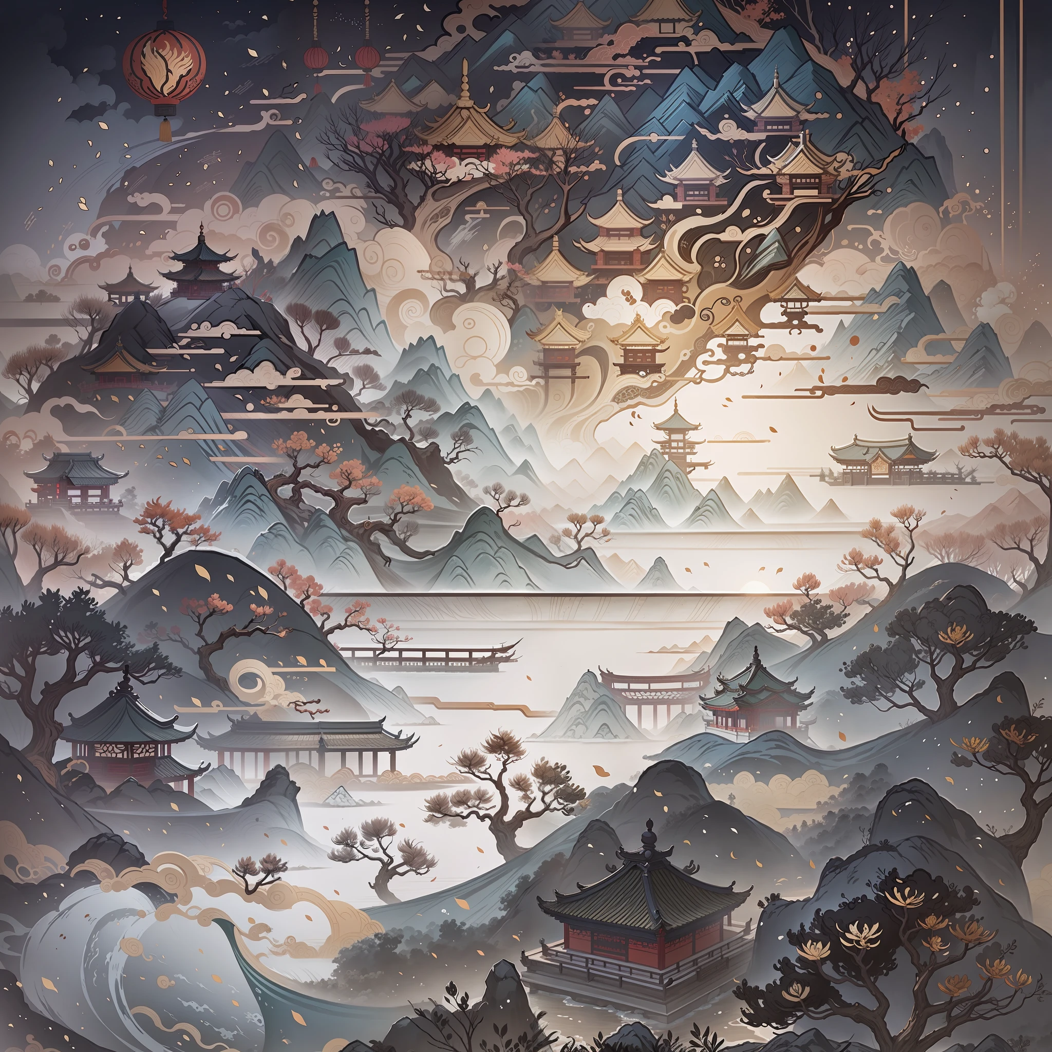 An ancient Chinese painting, ancient Chinese background, mountains, rivers, auspicious clouds, pavilions, sunshine, masterpieces, super detail, epic composition, ultra HD, high quality, extremely detailed, official art, unified 8k wallpaper, Super detail, 32k -- v 6