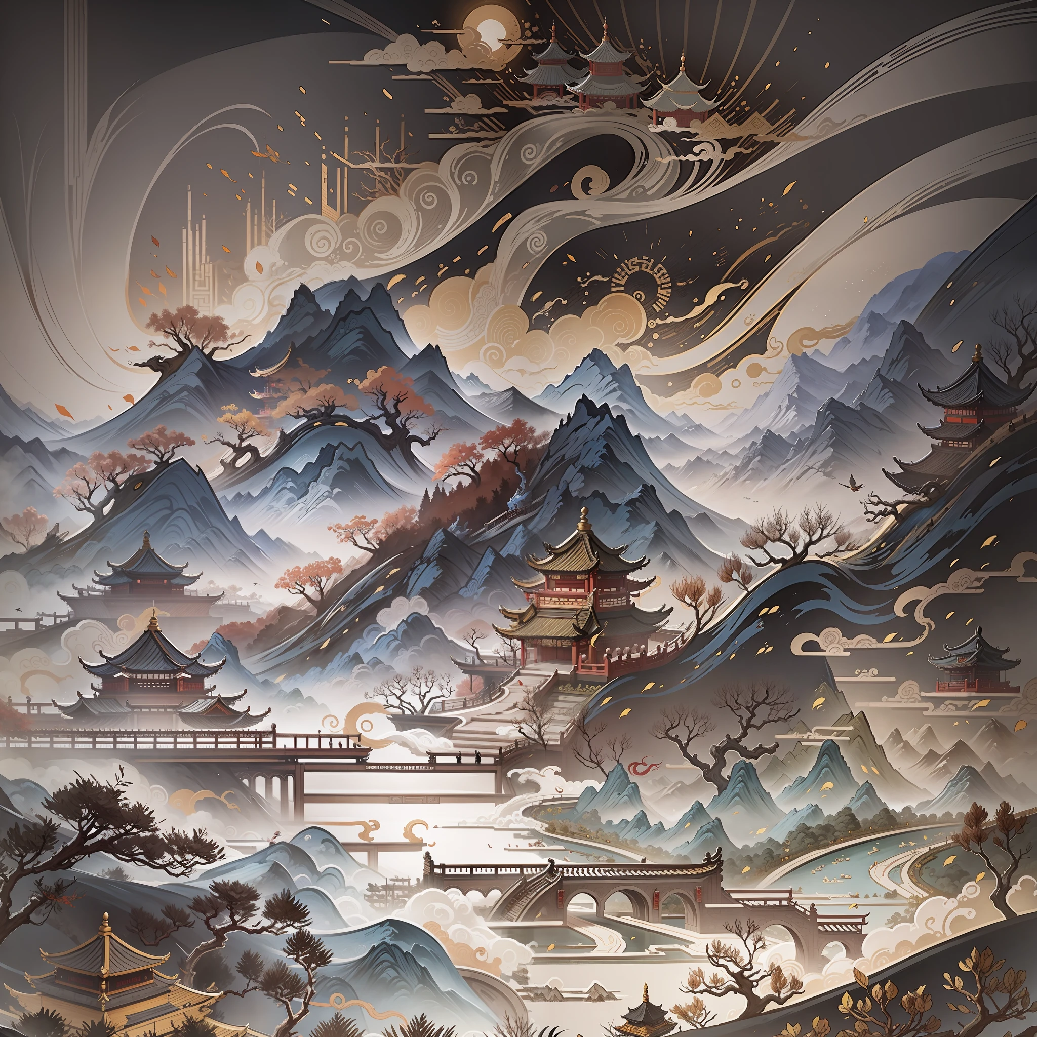 An ancient Chinese painting, ancient Chinese background, mountains, rivers, auspicious clouds, pavilions, sunshine, masterpieces, super detail, epic composition, ultra HD, high quality, extremely detailed, official art, unified 8k wallpaper, Super detail, 32k -- v 6