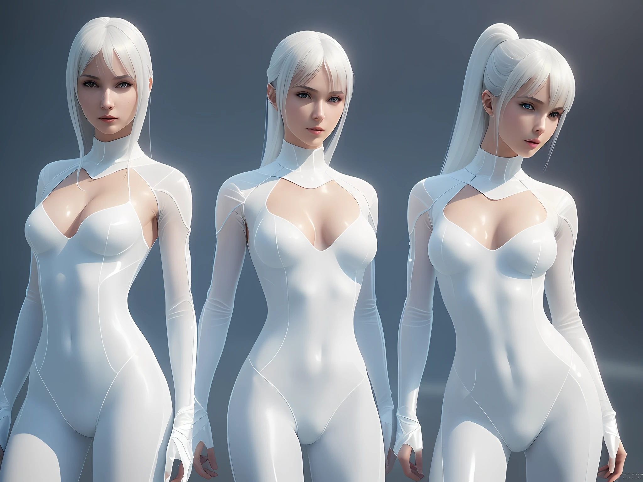 two women in white transparent lingersuits, concept art by Vincent Lefevre, tumblr, fantasy art, translucent body, smooth translucent white skin, translucent white skin, shiny white skin, white shiny skin, cinematic goddess body shot, photorealistic perfect body, beautiful sci - fi twins, full of glass. cgsociety, clear curvy details, 2b