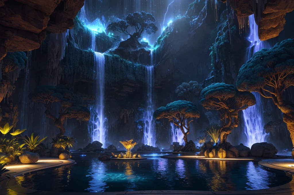 incredible Na'vi-inspored luxurious futuristic interior in Ancient Egyptian style with many ((lush plants)) (lotus flowers), ((palm trees)), rocky walls, (sand), ((waterfalls)) (marble), ((precious minerals)), ((metals)), (gemstones), crystals, clouds and ((water)), (hieroglyphics), ((trees and plants made out of gemstones and precious minerals and lights)), crocodiles, (((ultra luxury))), (black marble) – with ((beautiful lights)), Unreal Engine, HQ, 16k