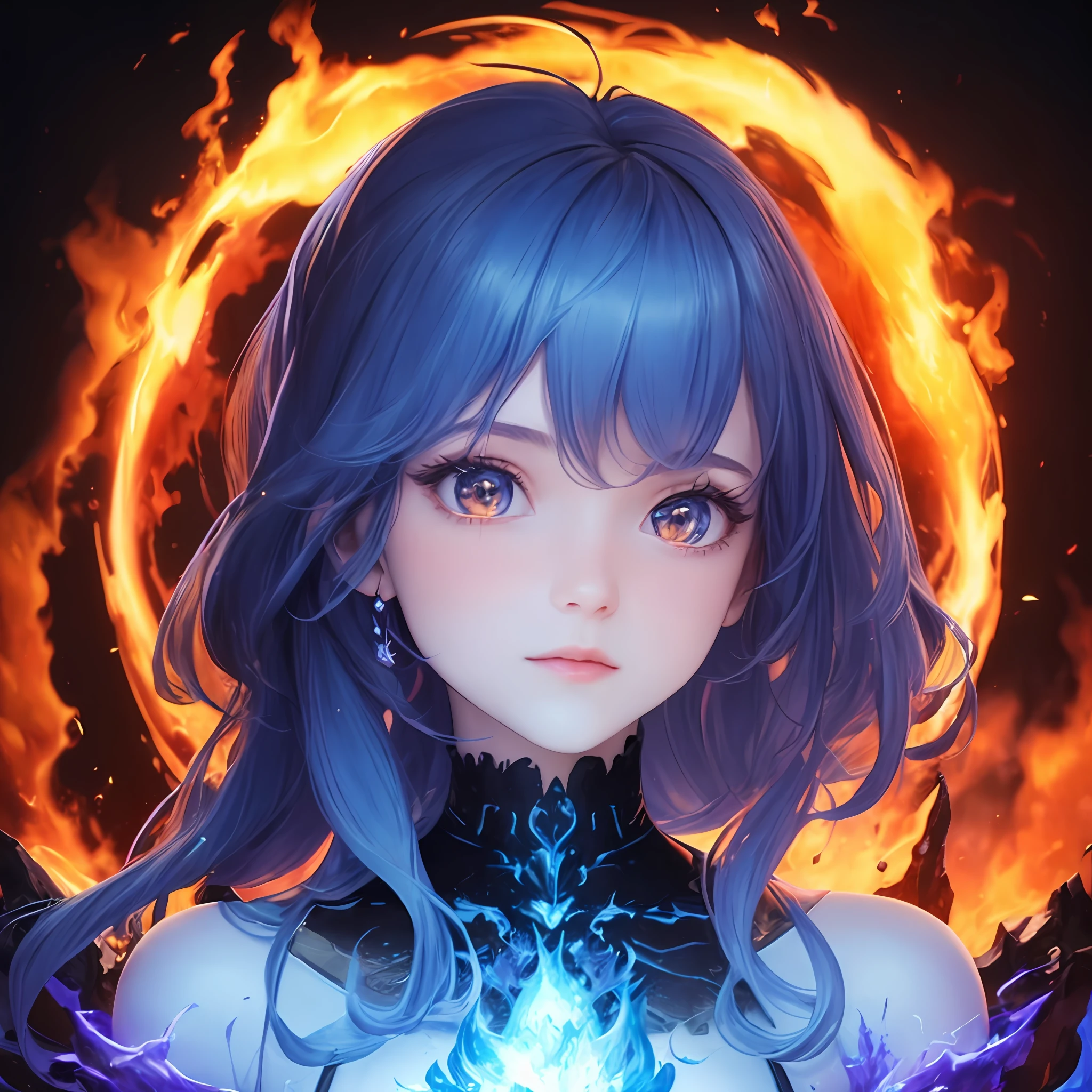 (Award-winning digital artwork: 1.3), (Masterpiece, Ultra Detail: 1.3), Portrait, Single Focus, Fire Golem, Monster, Blue Flame, Fury, Ember, Particle