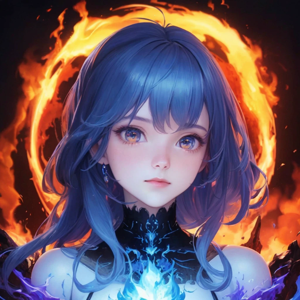 (Award-winning digital artwork: 1.3), (Masterpiece, Super Detail: 1.3), Portrait, Single Focus, Fire Golem, Monster, Blue Flame