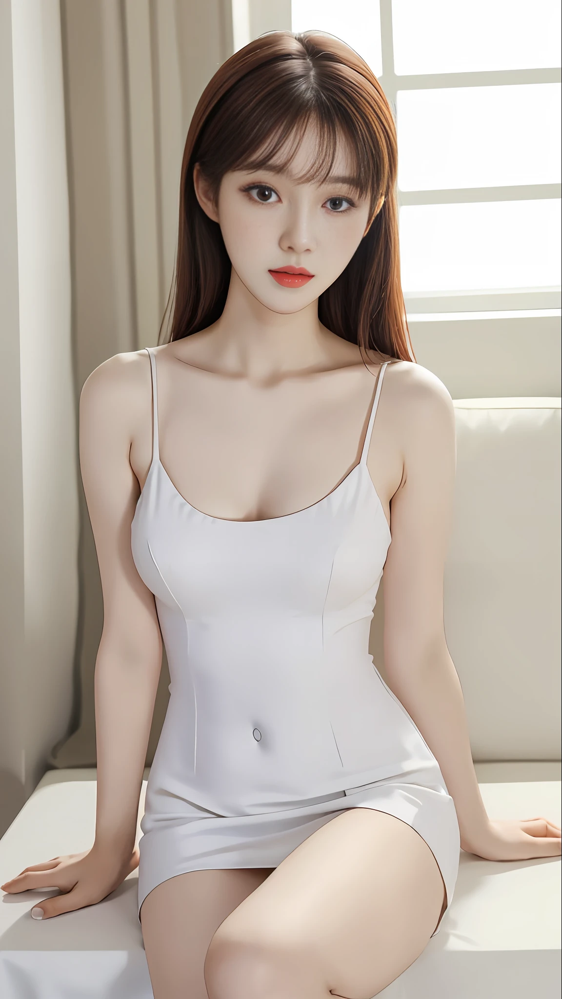 a woman in a white dress sitting on a table, korean girl, gorgeous young korean woman, smooth white tight clothes suit, beautiful south korean woman, open v chest clothes, in white clothes, beautiful young korean woman, korean woman, pale milky white porcelain skin, wearing white camisole, white top, sakimichan, korean women's fashion model