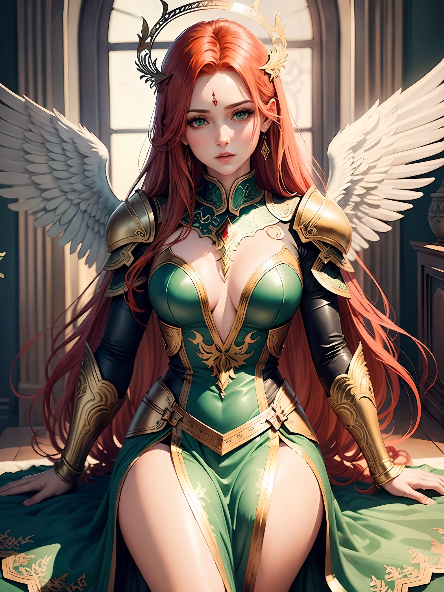 hand drawn sketch illustration of a beautiful angel with red hair, green eyes, symmetrical angelic wings, leather armor, halo, illustration, watercolor sketch, (best quality)), intricate detailed, pakistani