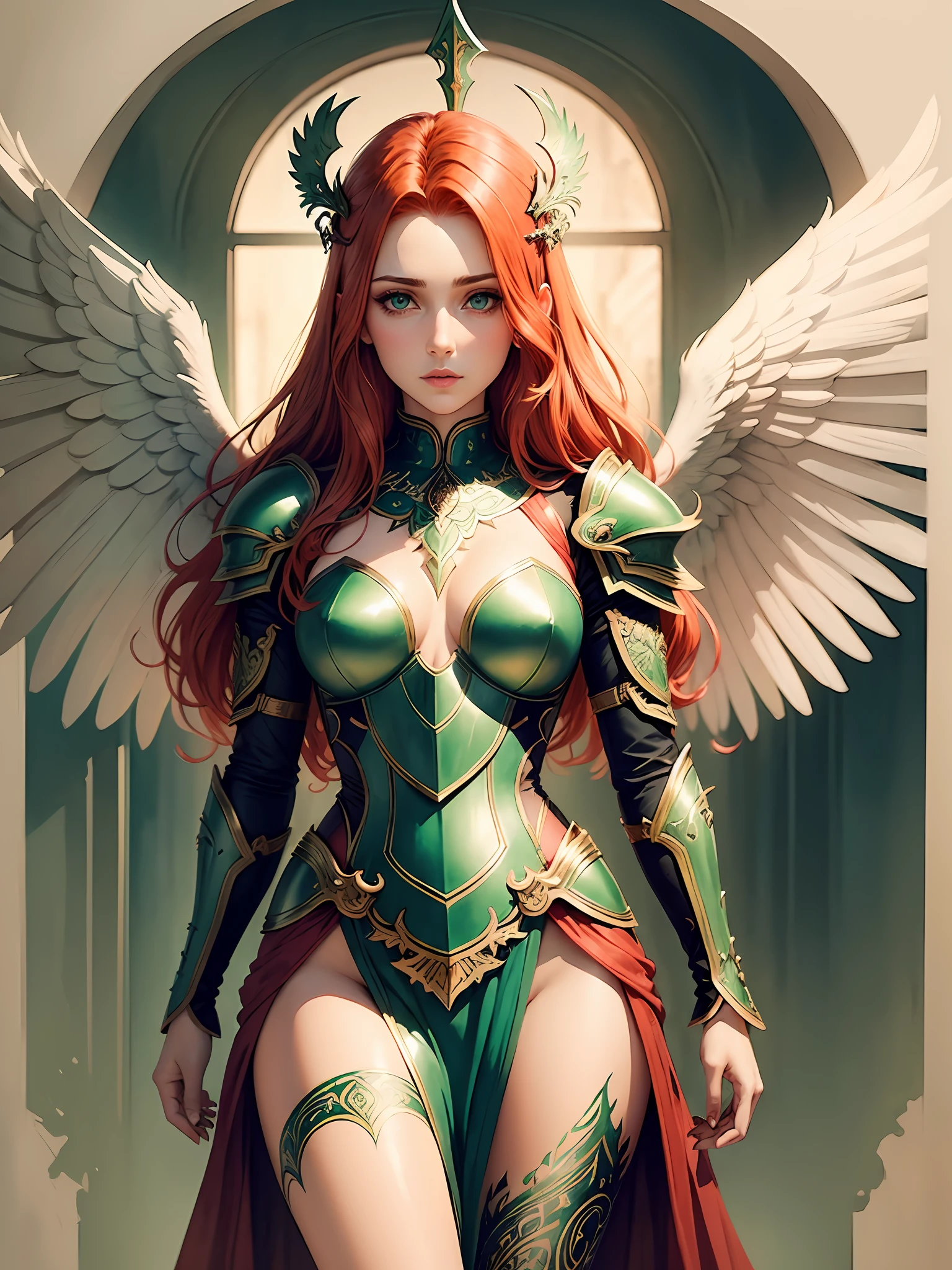 hand drawn sketch illustration of a beautiful angel with red hair, green eyes, symmetrical angelic wings, leather armor, halo, illustration, watercolor sketch, (best quality)), intricate detailed, pakistani