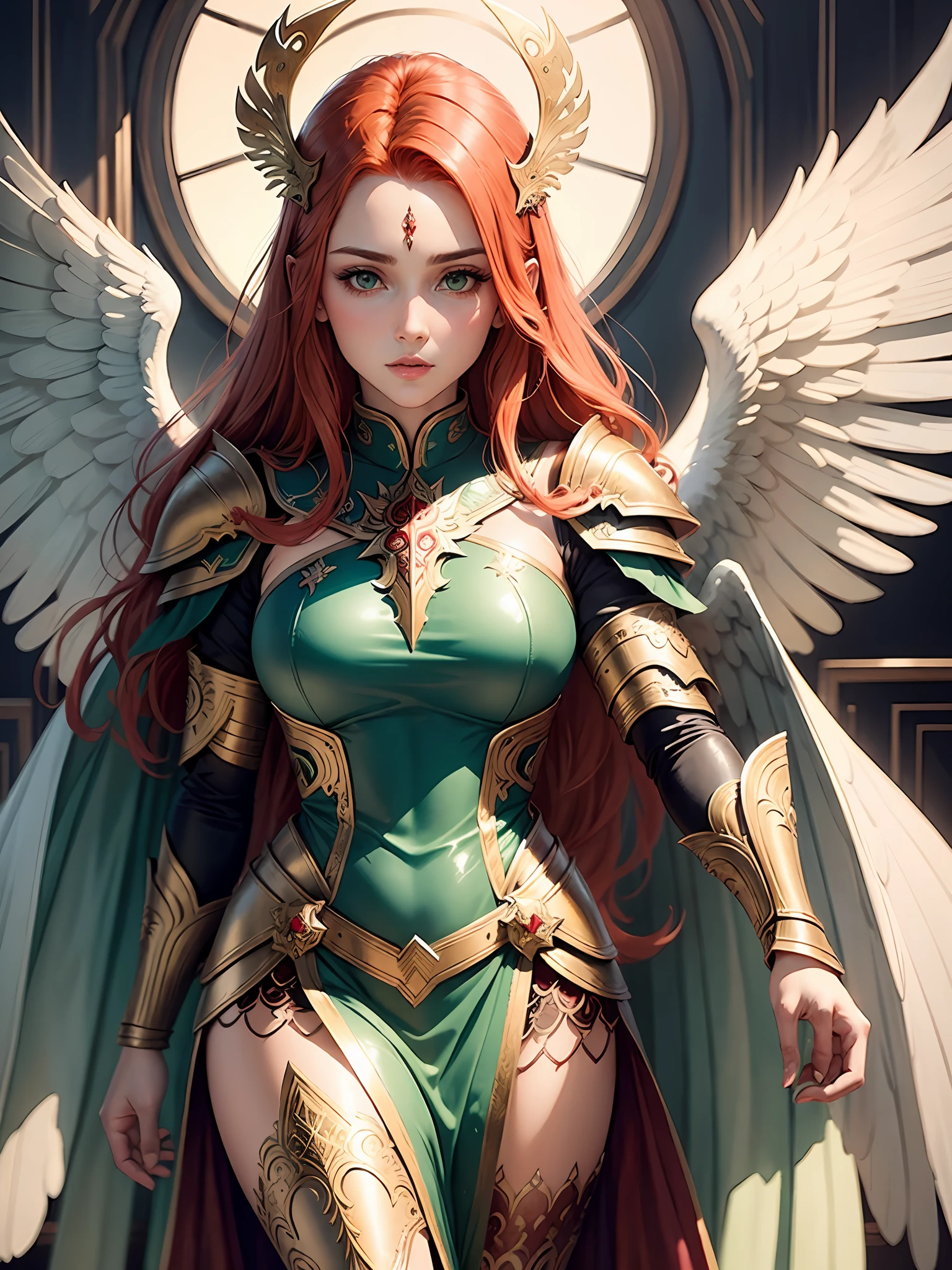 hand drawn sketch illustration of a beautiful angel with red hair, green eyes, symmetrical angelic wings, leather armor, halo, illustration, watercolor sketch, (best quality)), intricate detailed, pakistani