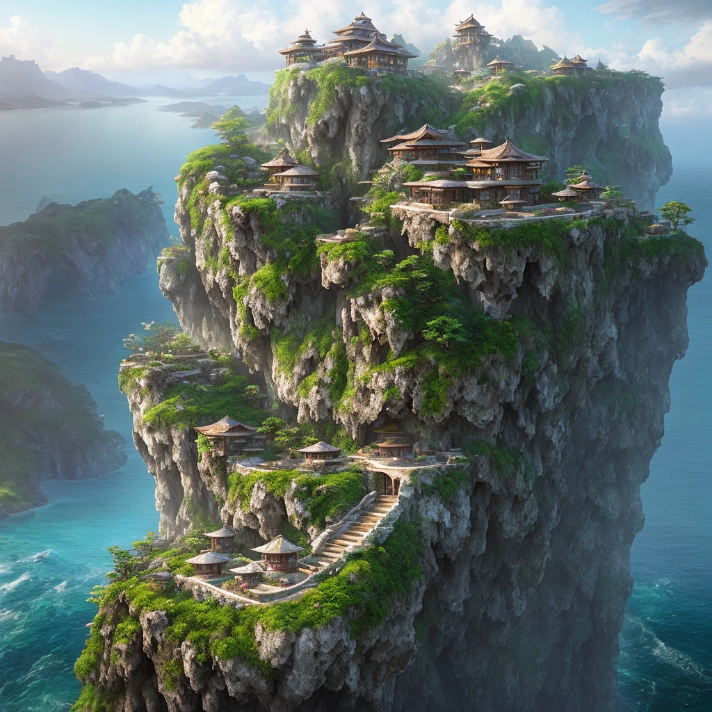arafed house on a cliff overlooking a body of water, realistic fantasy render, beautiful mattepainting, 3 d render and matte painting, 3d rendered matte painting, ultrarealistic matte painting, beautiful render of a landscape, by Raymond Han, photorealistic matte painting, extravagant matte painting, hyperrealistic matte painting, surreal matte painting, dreamy matte painting