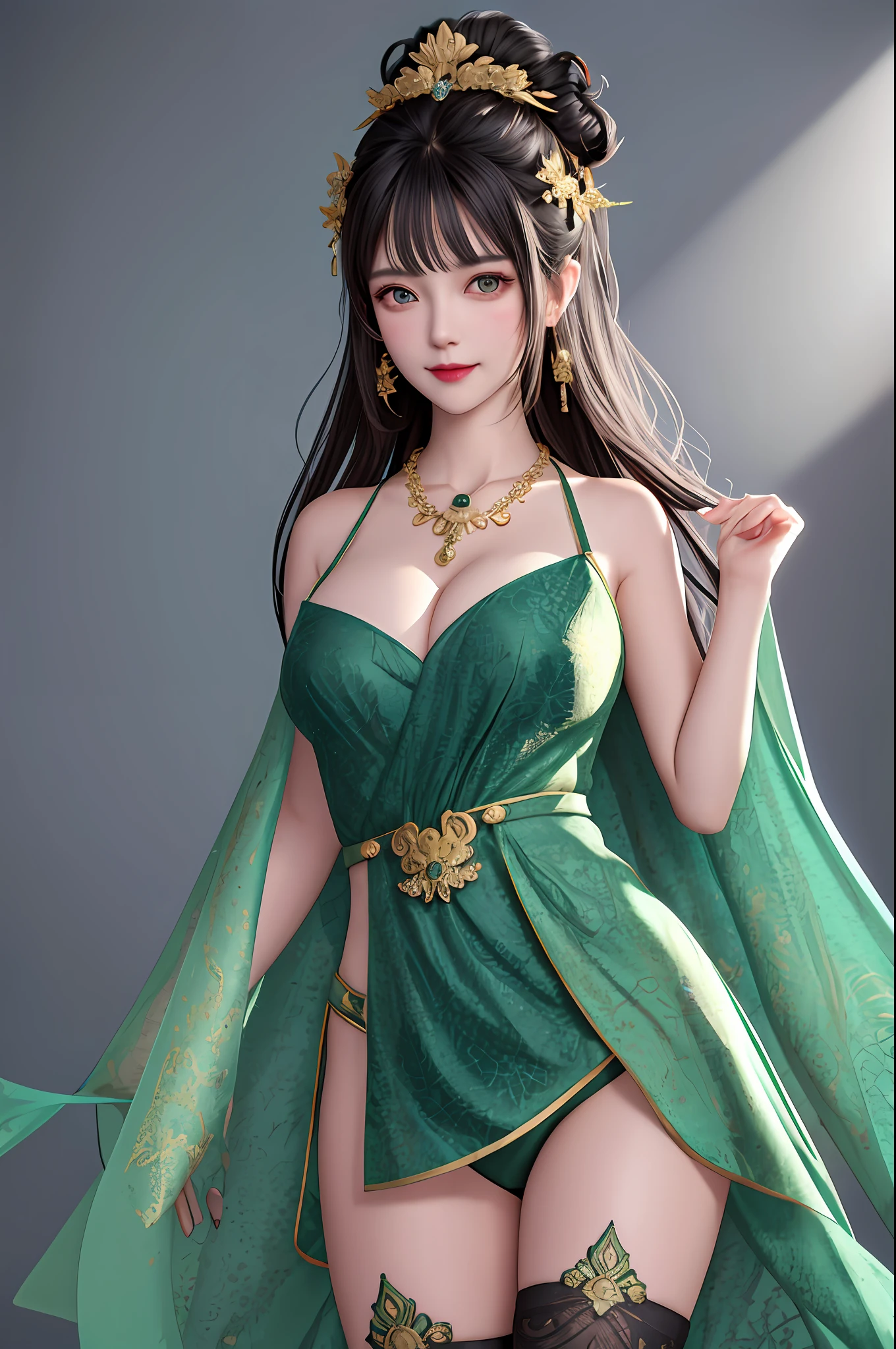 detailed skin texture, detailed cloth texture, beautifully detailed face, masterpiece, best quality, ultra detailed, 8k, intricate details, best quality, 1girl, bangs, bare_shoulders, black_hair, ancient china background, big breasts, thin, cape, cleavage, collarbone, green dress with patterns, gloves, hair_bun, hair_ornament, hair_stick, jewelry, one mole under eye, necklace, smile, solo, thighhighs, (hiqcgbody:0.5), (hiqcgface:0.5), full-body shot,