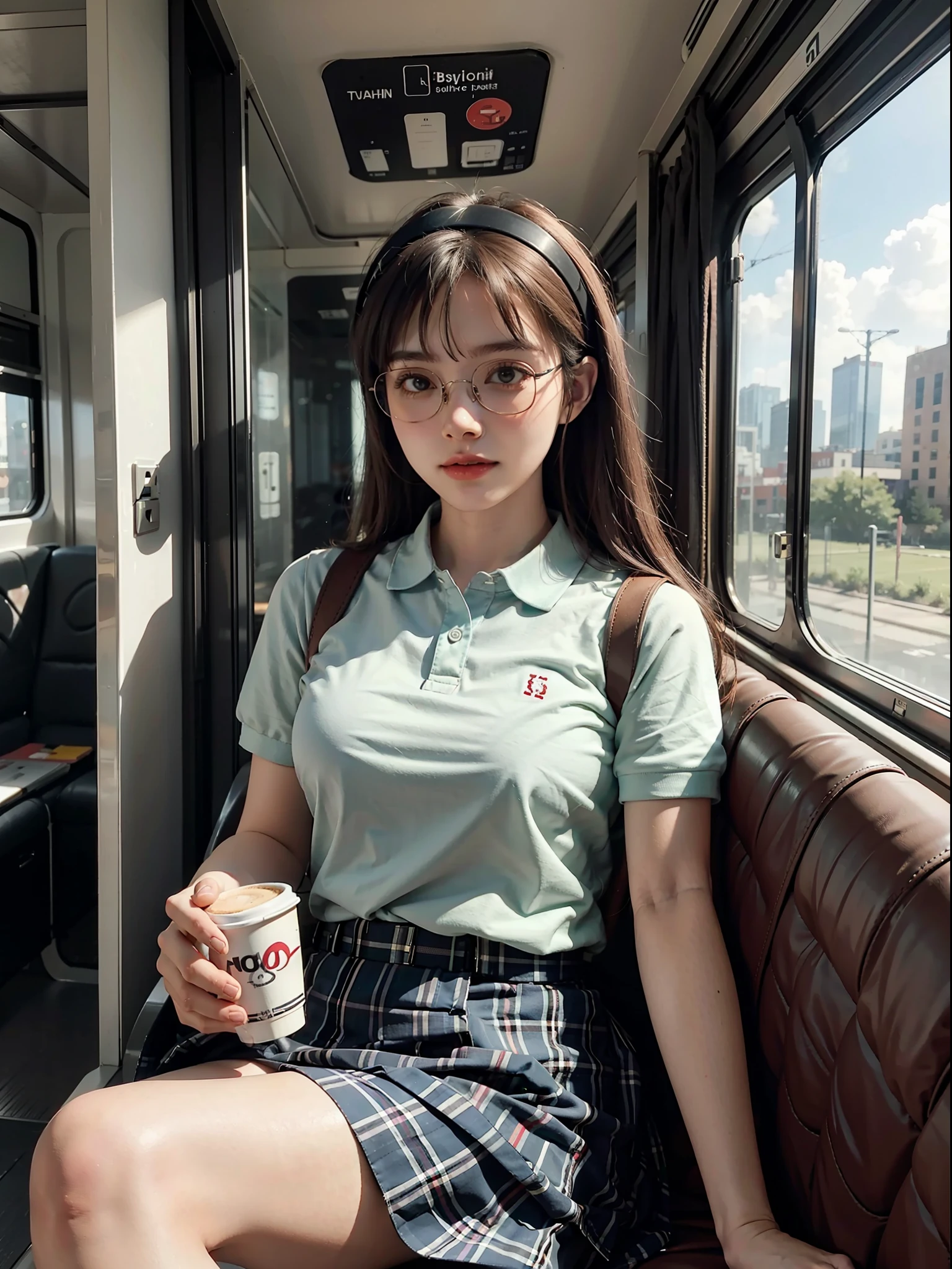 Sitting in a train, tucked in polo, plaid skirt, glasses, drinking coffee, wearing headphones