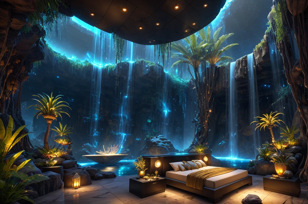 incredible Na'vi-inspired luxurious futuristic bedroom interior in Ancient Egyptian style with many ((lush plants)) (lotus flowers), ((palm trees)), rocky walls, (sand), ((waterfalls)) (marble), ((precious minerals)), ((metals)), (gemstones), crystals, clouds and ((water)), (hieroglyphics), ((trees and plants made out of gemstones and precious minerals and lights)), crocodiles, (((ultra luxury))), (black marble) – with ((beautiful lights)), Unreal Engine, HQ, 16k