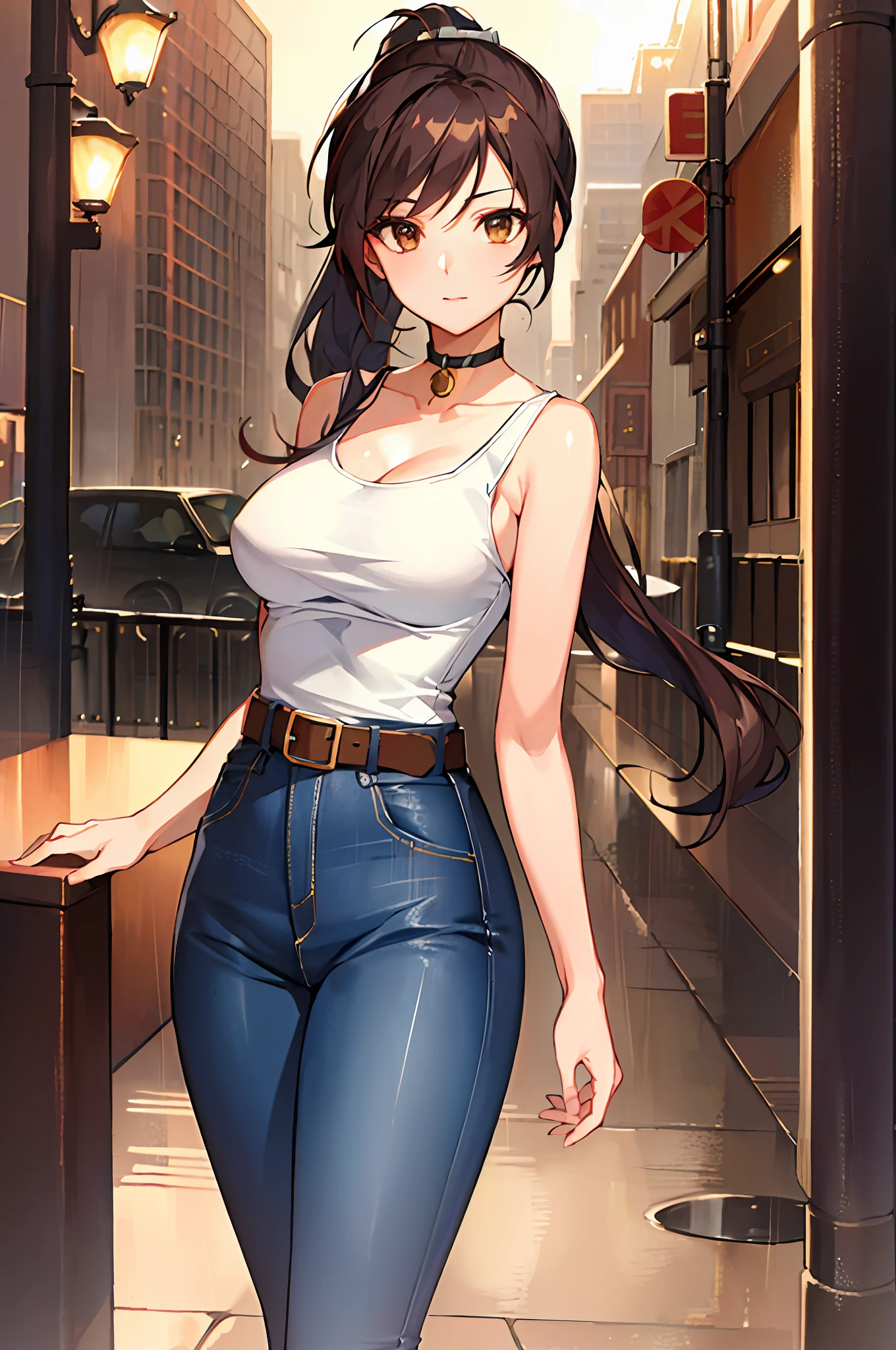 maryms, Best Quality,(beauty), 1girl,rendering with physical base,ultra highres,(cowboy shot: 1.5),narrow waist, thin, big brown eyes, long legs,jeans,leather belt,small breasts, swollen eyes, leather belt, (rainy city), bright skin, facing the viewer, victory posture, long ponytail with bangs, choker