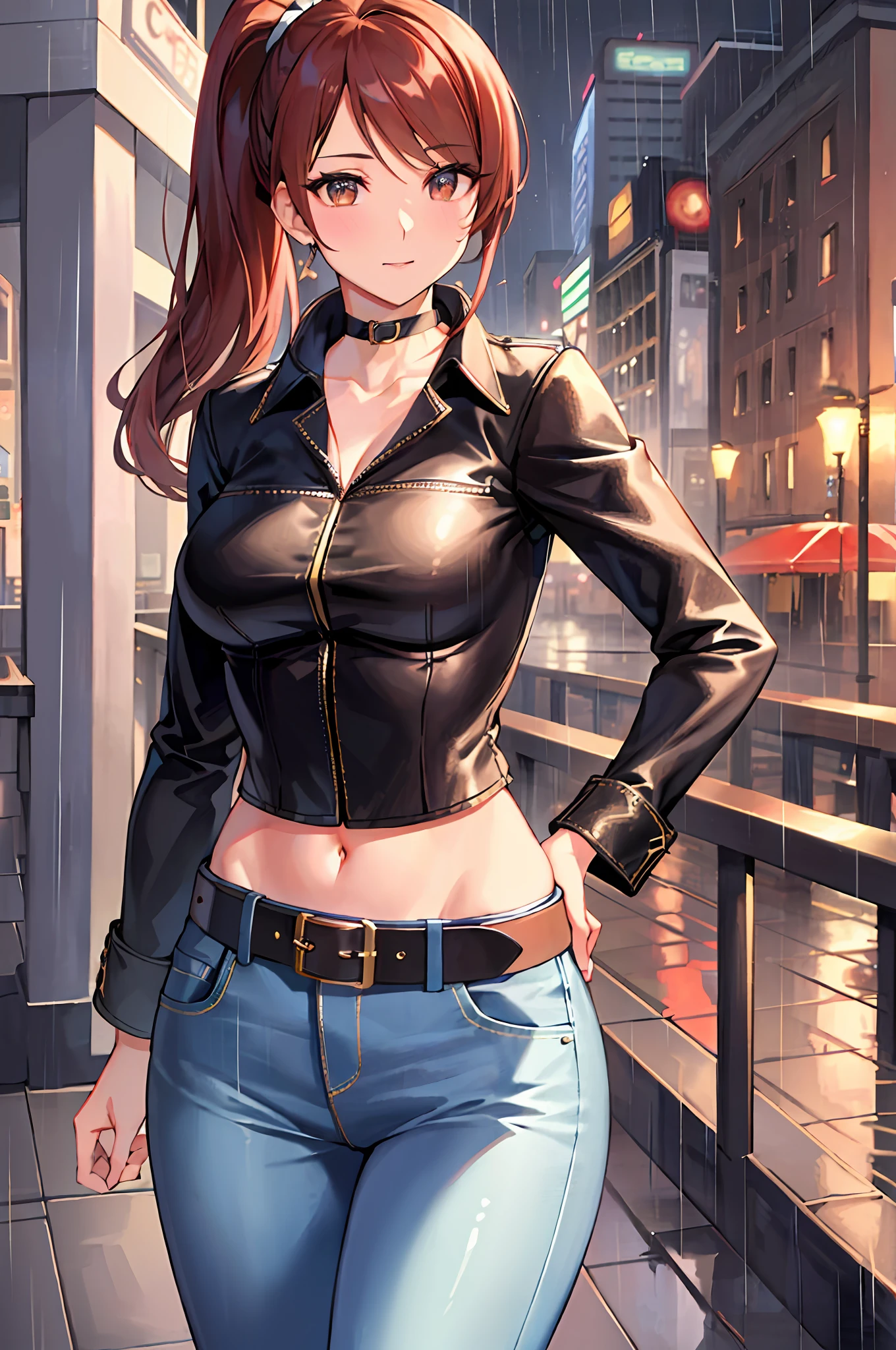 maryms, Best Quality,(beauty), 1girl,rendering with physical base,ultra highres,(cowboy shot: 1.5),narrow waist, thin, big brown eyes, long legs,jeans,leather belt,small breasts, swollen eyes, leather belt, (rainy city), bright skin, facing the viewer, victory posture, long ponytail with bangs, choker