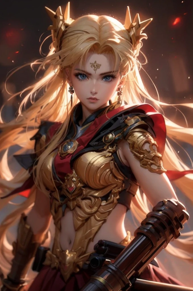 A woman with blonde hair and armor holding a Gatling gun, Yang J, portrait knight of the zodiac girl, IG model| ArtGerm, very detailed ArtGerm, Trends in CGsociety, Trends CGsociety, [Trends in CGsociety]!!, stunning CGsociety, CGsociety and weathering clocks, ArtGerm and WLOP