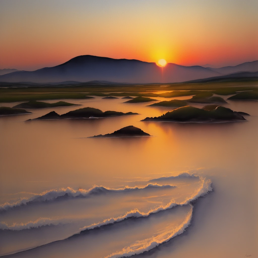 sunset in watercolor based on the masterpieces of the best painters rectifies this scene to convey hope