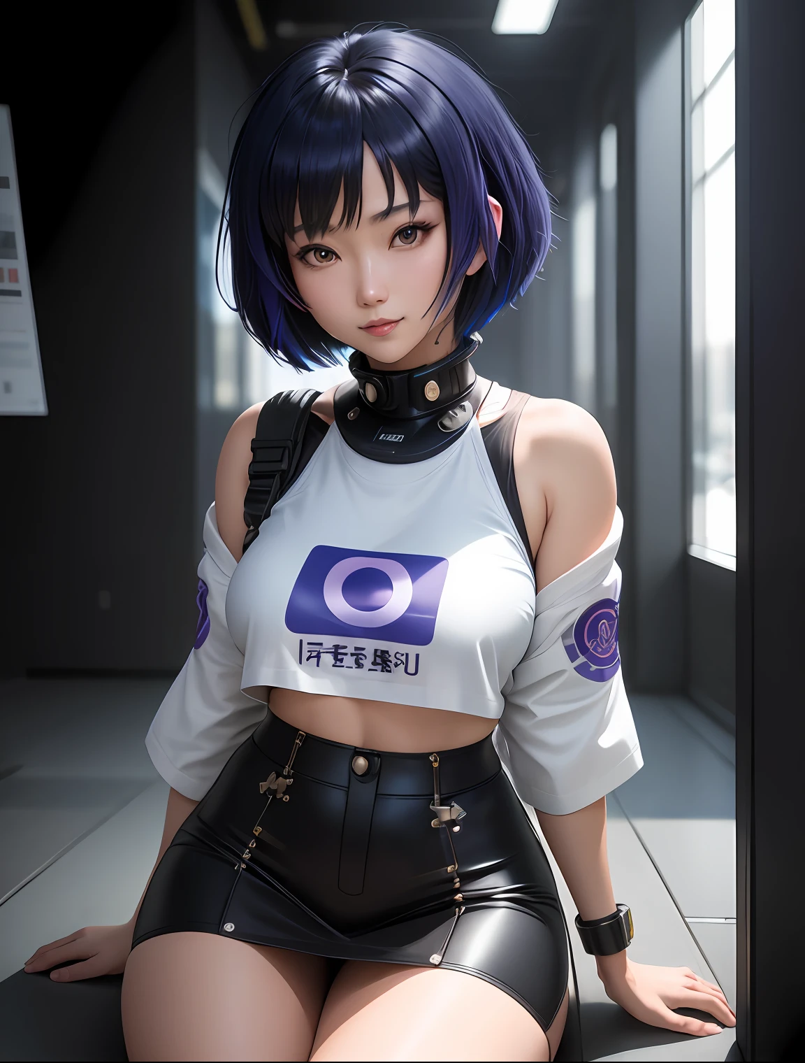 Motoko Kusanagi, anime girl, inverted bob hair, dark blue hair, smile, intricate detail, depth of field, cinematic lighting, backlighting, (masterpiece), (high details), award winning, high quality, best quality, 8k, crouching on a cube with a blue background, e-girl, cynthwave, japanese streetwear, fashwave, photo of breeze kaze, mid shot portrait, jpop clothing