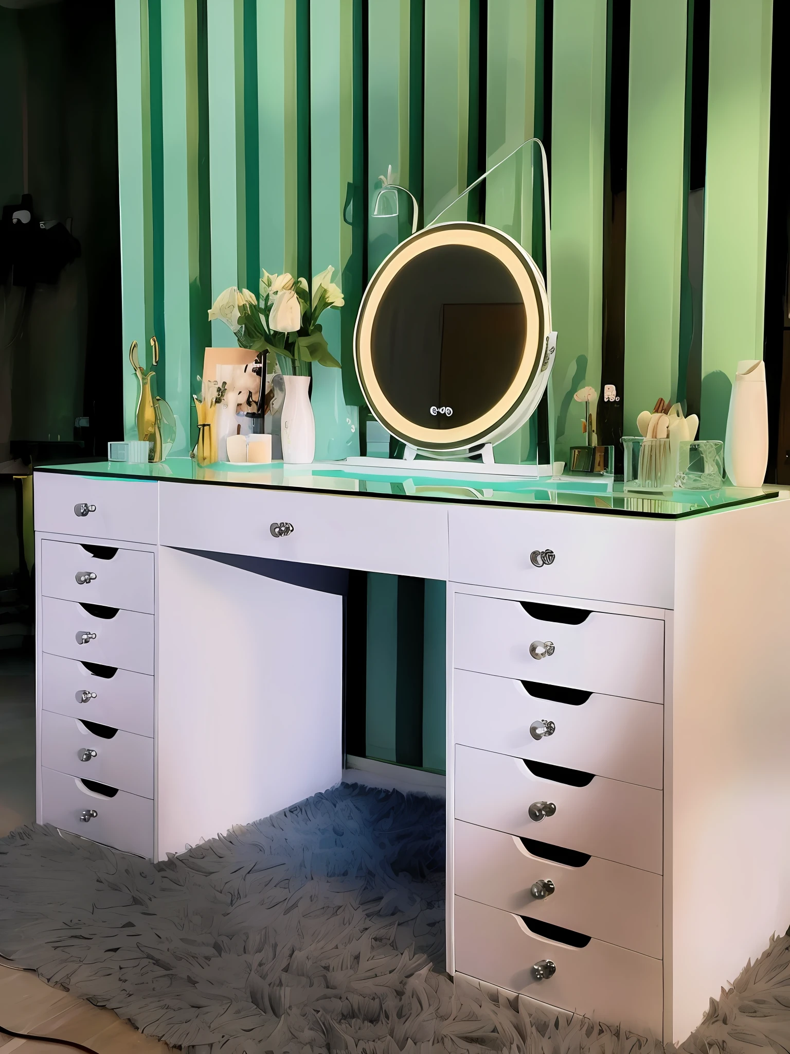 The model uses this table in front of the mirror