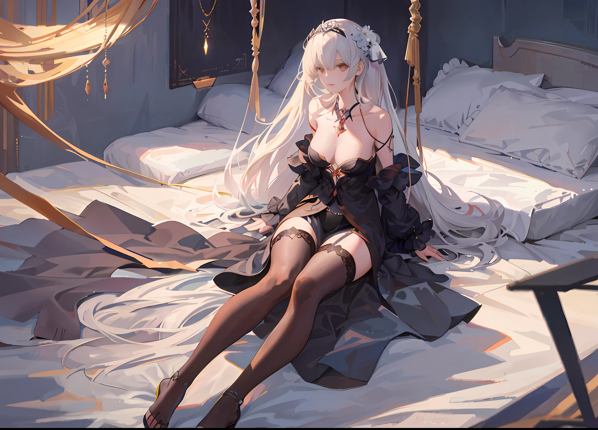 there is a woman sitting on a bed with a veil on, guweiz on pixiv artstation, guweiz on artstation pixiv, artwork in the style of guweiz, guweiz, guweiz masterpiece, from girls frontline, trending on artstation pixiv, trending on cgstation, wlop and krenz cushart