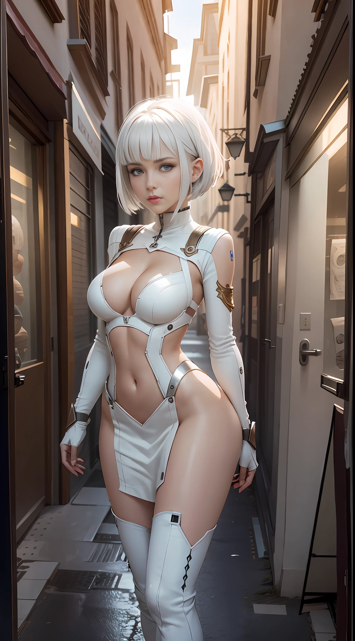 Concept art, sexy girl, white haircut, extremely details, t-pose, 3 view frames, public hair